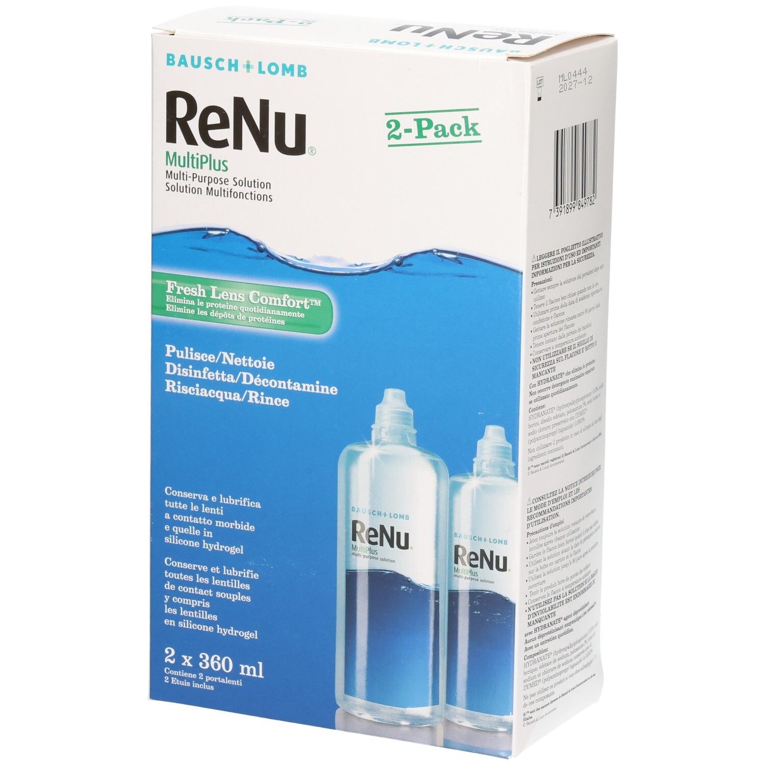 Emballage ReNu MultiPlus. Contient deux flacons. Inscription : Pulire/Nettoie, Disinfetta/Décontamine, Risciacqua/Rince. Marque : Bausch + Lomb.