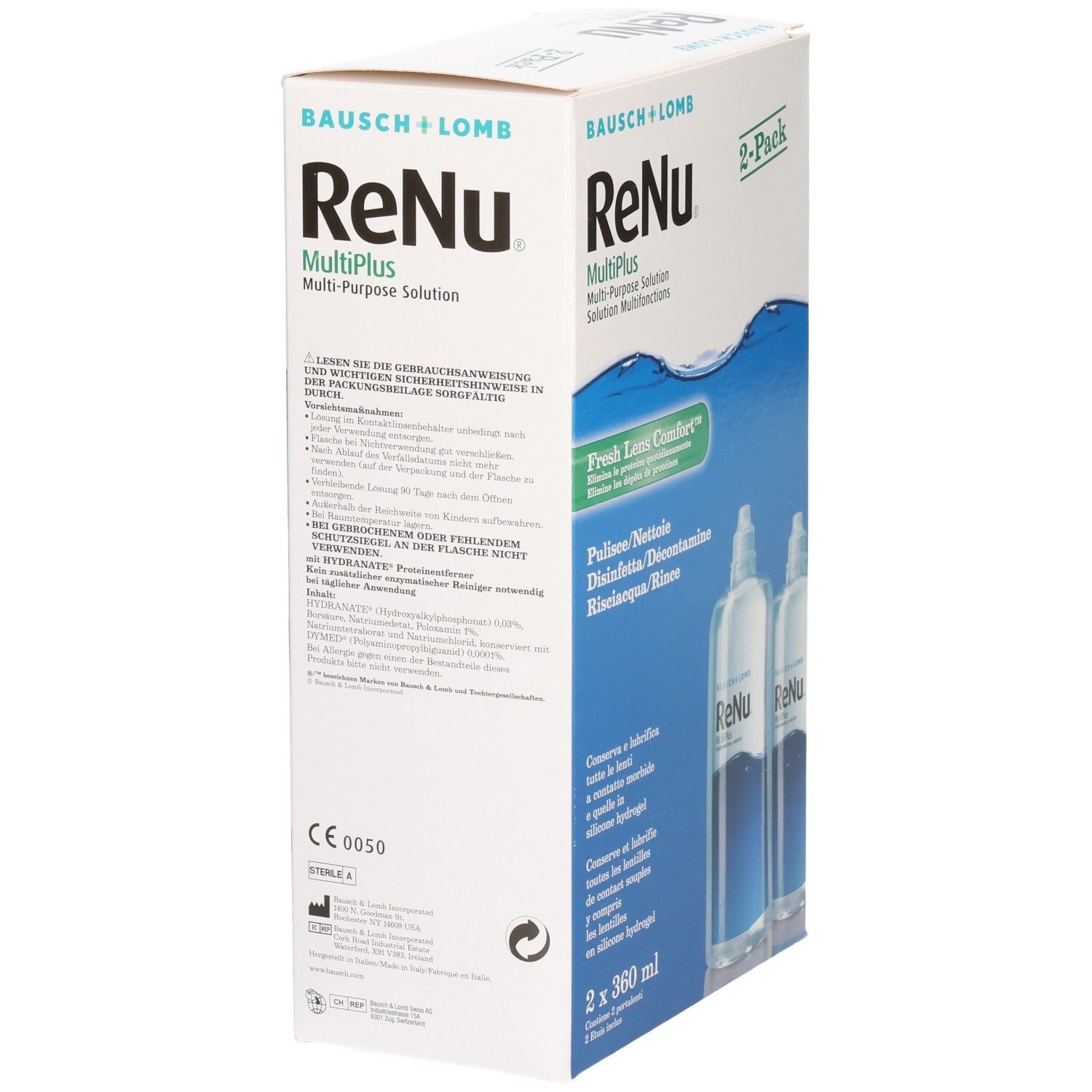 Emballage ReNu MultiPlus. Contient deux flacons. Inscription : Pulire/Nettoie, Disinfetta/Décontamine, Risciacqua/Rince. Marque : Bausch + Lomb.