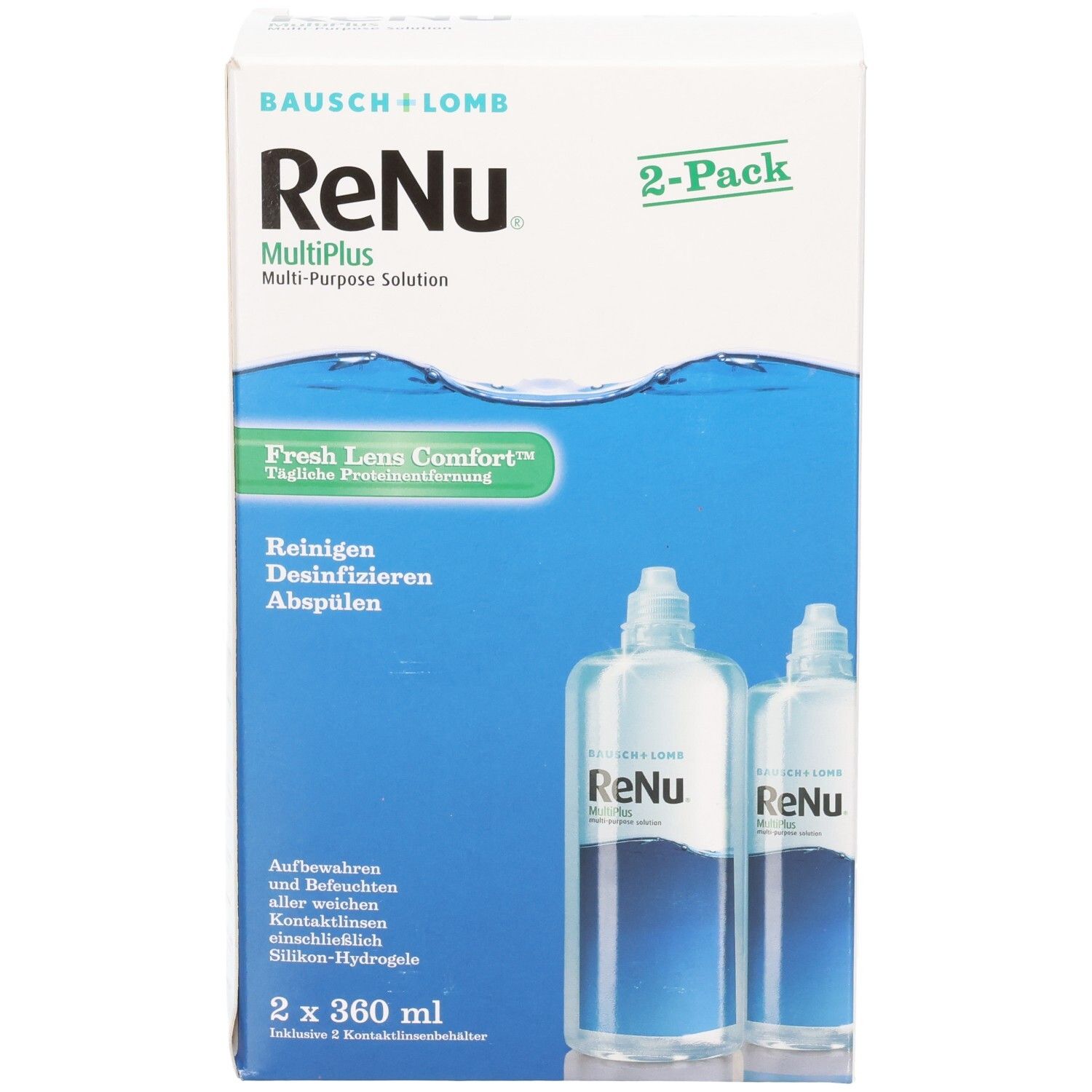 Emballage ReNu MultiPlus. Contient deux flacons. Inscription : Nettoyer, désinfecter, rincer. Marque : Bausch + Lomb. 2 x 360 ml.
