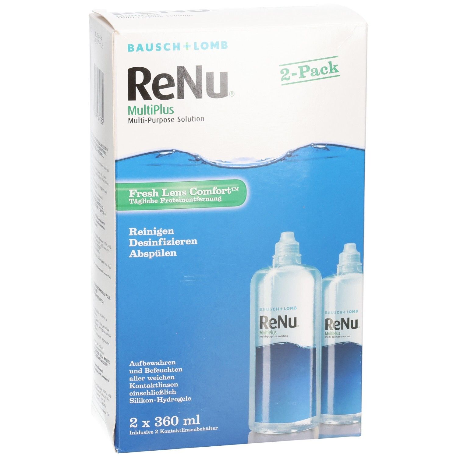Emballage ReNu MultiPlus. Contient deux flacons. Inscription : Nettoyer, désinfecter, rincer. Marque : Bausch + Lomb. 2 x 360 ml.
