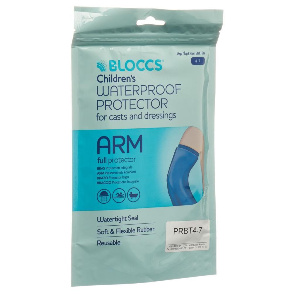 Verpackung mit blauem BLOCCS® Armschutz. Text: Children's Waterproof Protector, ARM full protector, wasserdicht, weiches Gummi, wiederverwendbar.