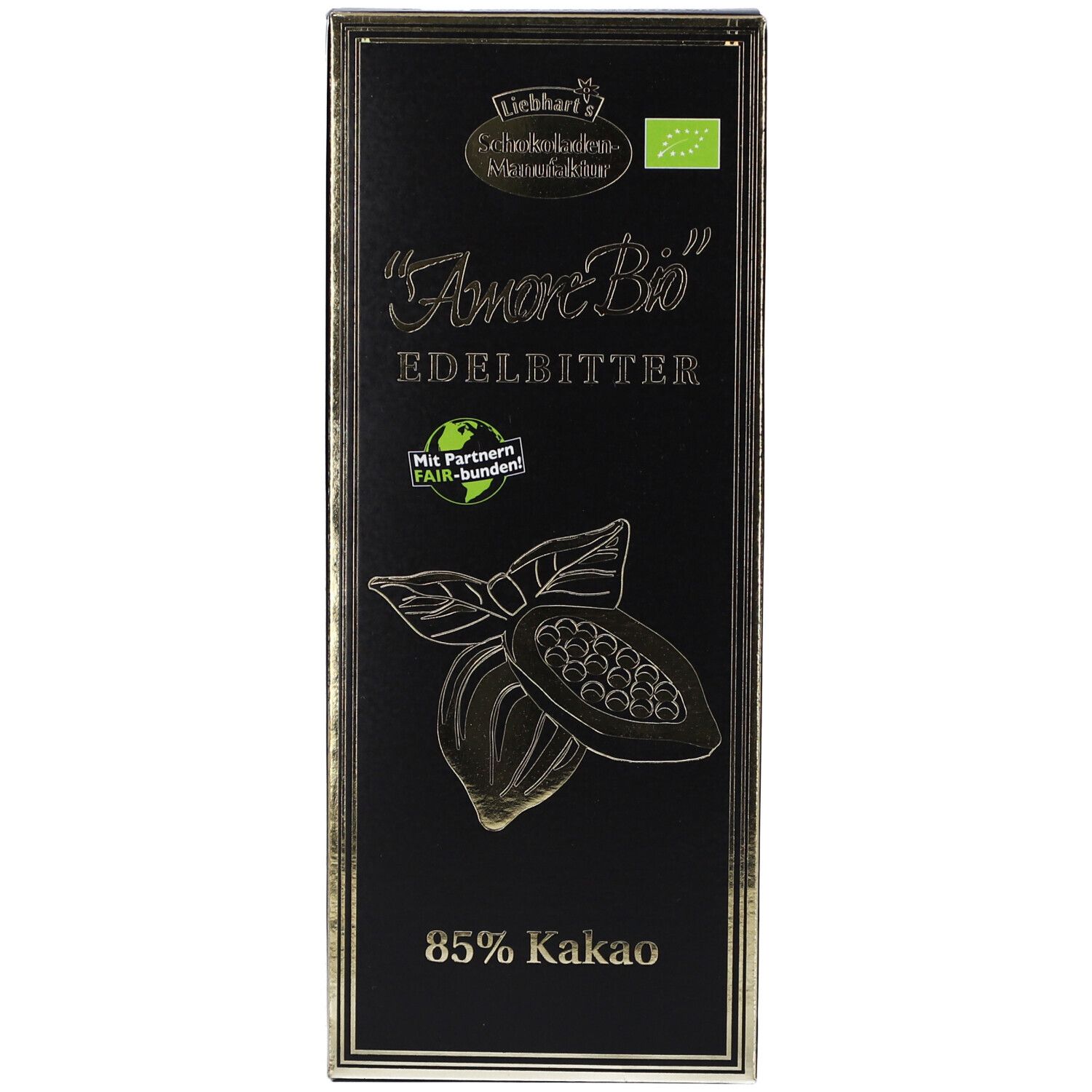 Schwarze Schokoladenverpackung. Aufschrift "Amore Bio" und "85% Kakao". Bio-Siegel und Kakaobohnen-Illustration.