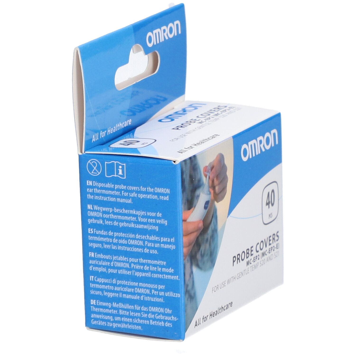 Blau-weiße Verpackung mit Omron-Logo. Enthält 40 Stück Sondenabdeckungen. Text: Probe Covers. Gebrauchsanweisung.