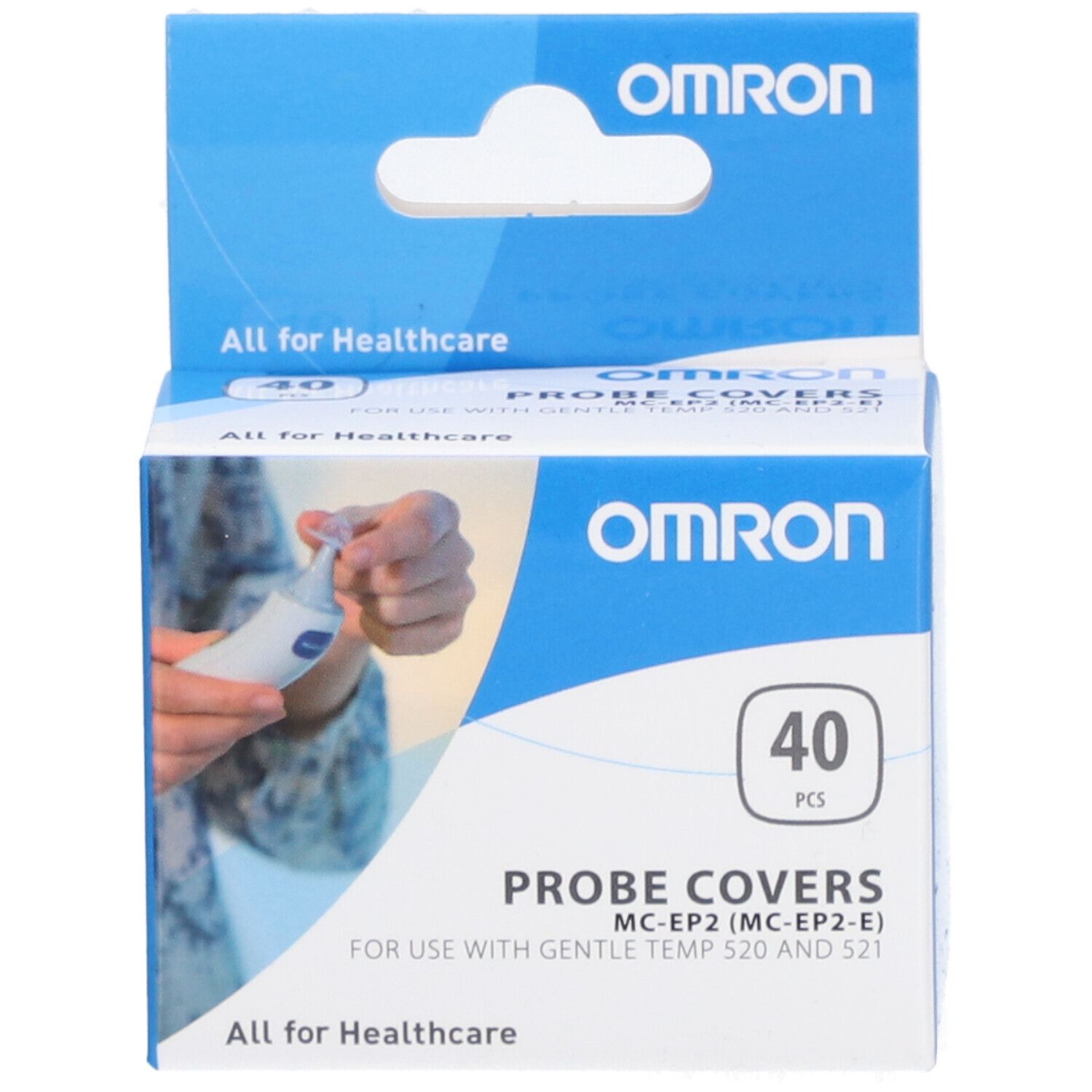 Blau-weiße Verpackung mit Omron-Logo. Enthält 40 Stück Sondenabdeckungen für Gentle Temp. Aufdruck: Probe Covers.