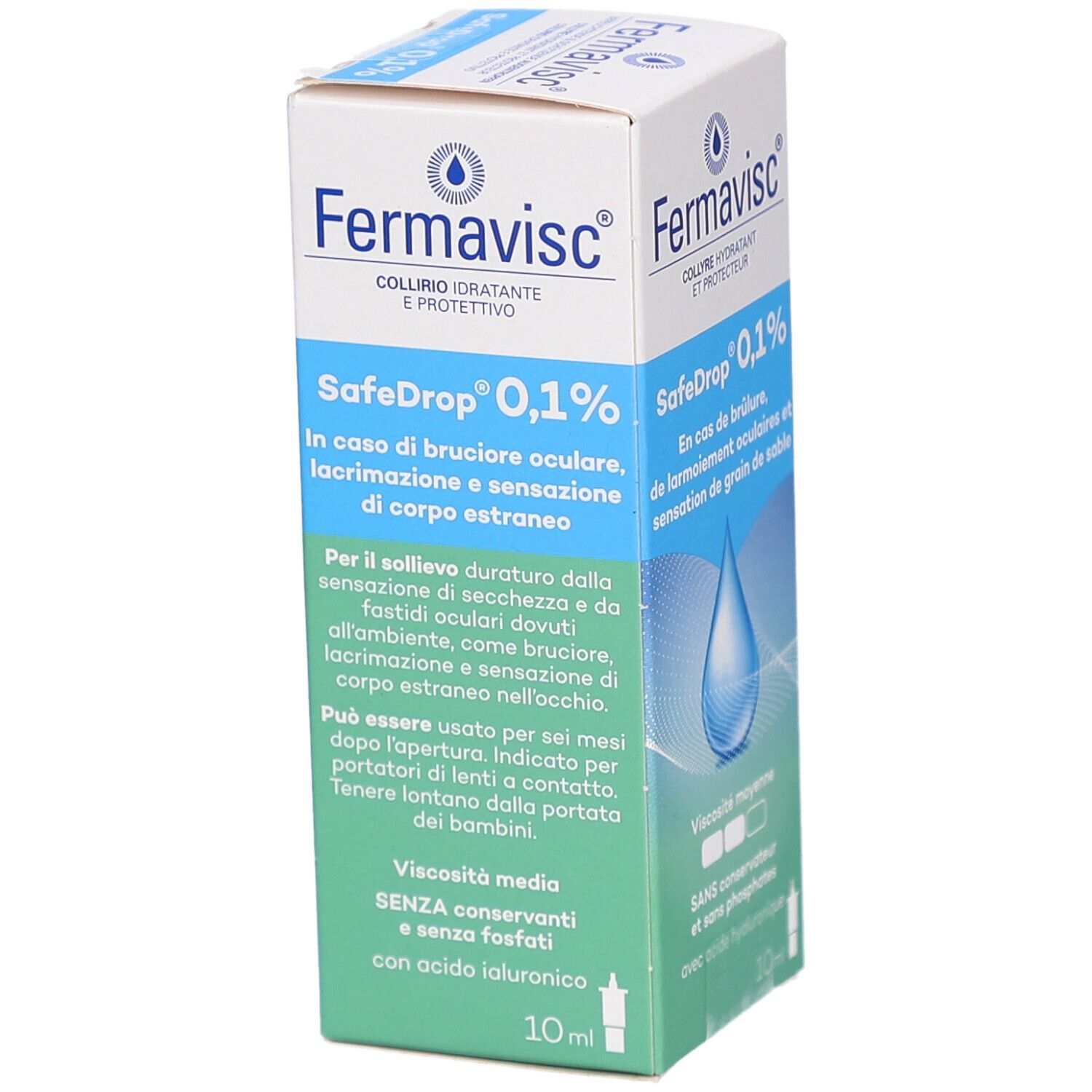 FERMAVISC SafeDrop 0,1% Verpackung. Blaue Tropfen-Grafik. Text: In caso di bruciore oculare, lacrimazione e sensazione di corpo estraneo. 10 ml.