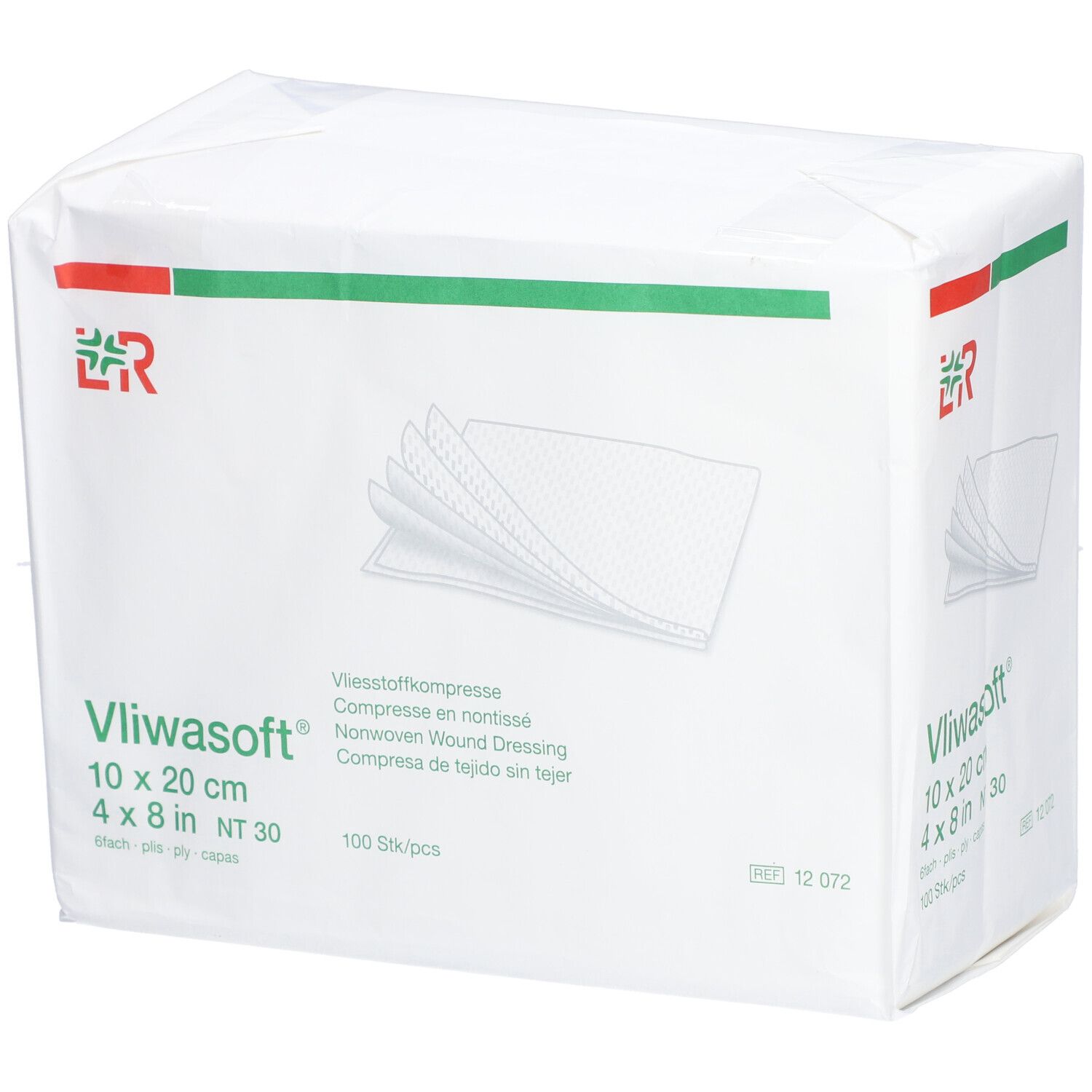 Verpackung von Vliwasoft Wundauflagen. Größe 10x20 cm. 100 Stück pro Packung. Grün-rotes Logo. Aufdrucke in Deutsch, Englisch, Französisch und Spanisch.