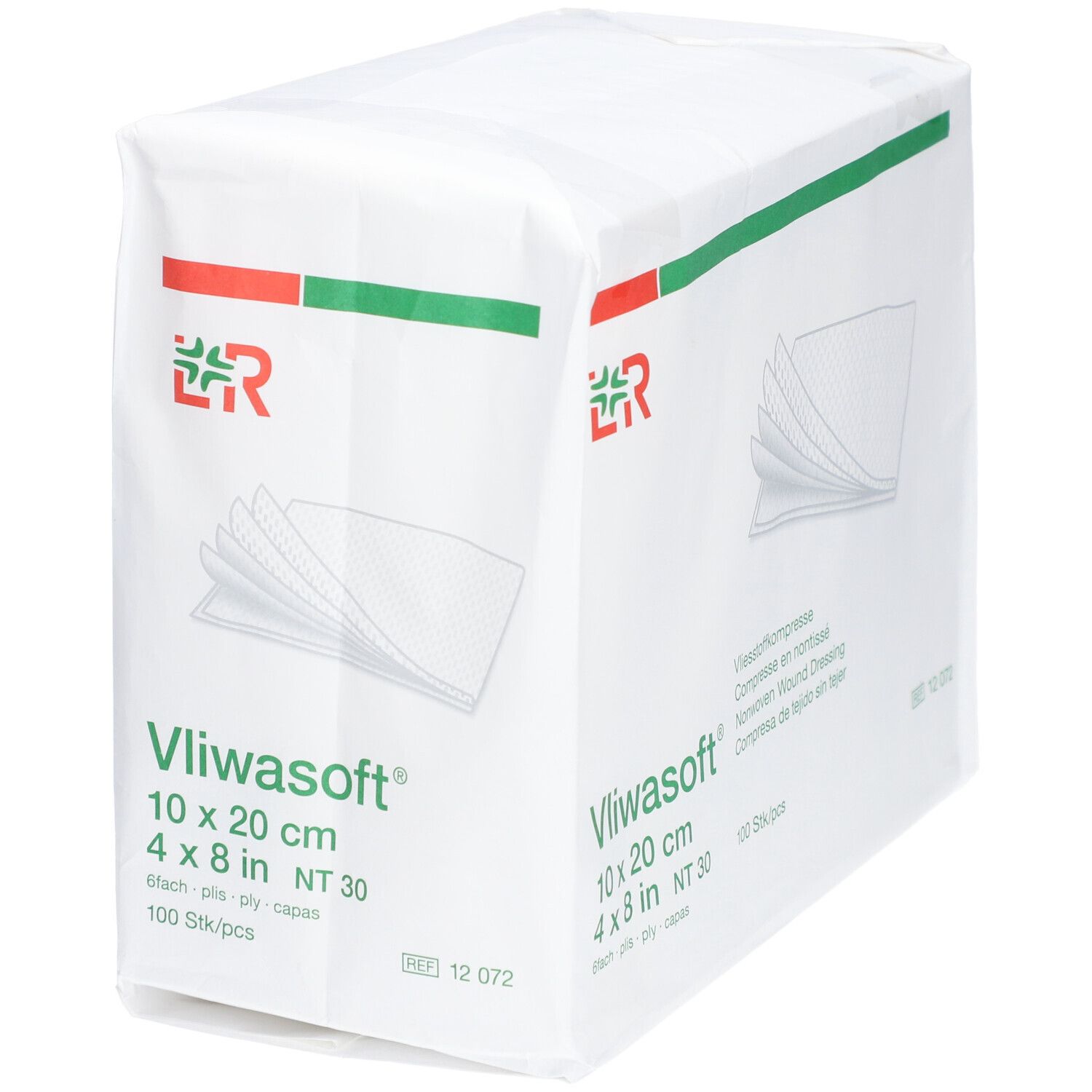 Verpackung von Vliwasoft Wundauflagen. Größe 10x20 cm. 100 Stück pro Packung. Grün-rotes Logo. Aufdrucke in Deutsch, Englisch, Französisch und Spanisch.