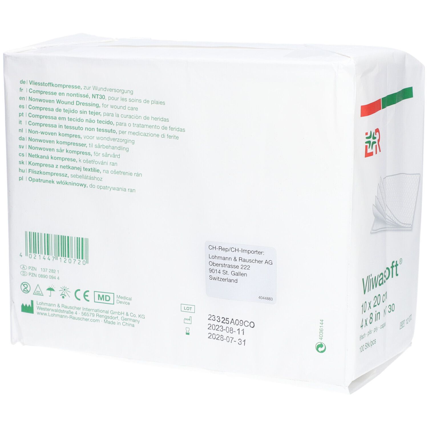 Rückseite der Vliwasoft Verpackung. Herstellerinformationen und Chargennummer. Mehrsprachige Produktbeschreibungen. CE-Kennzeichnung.