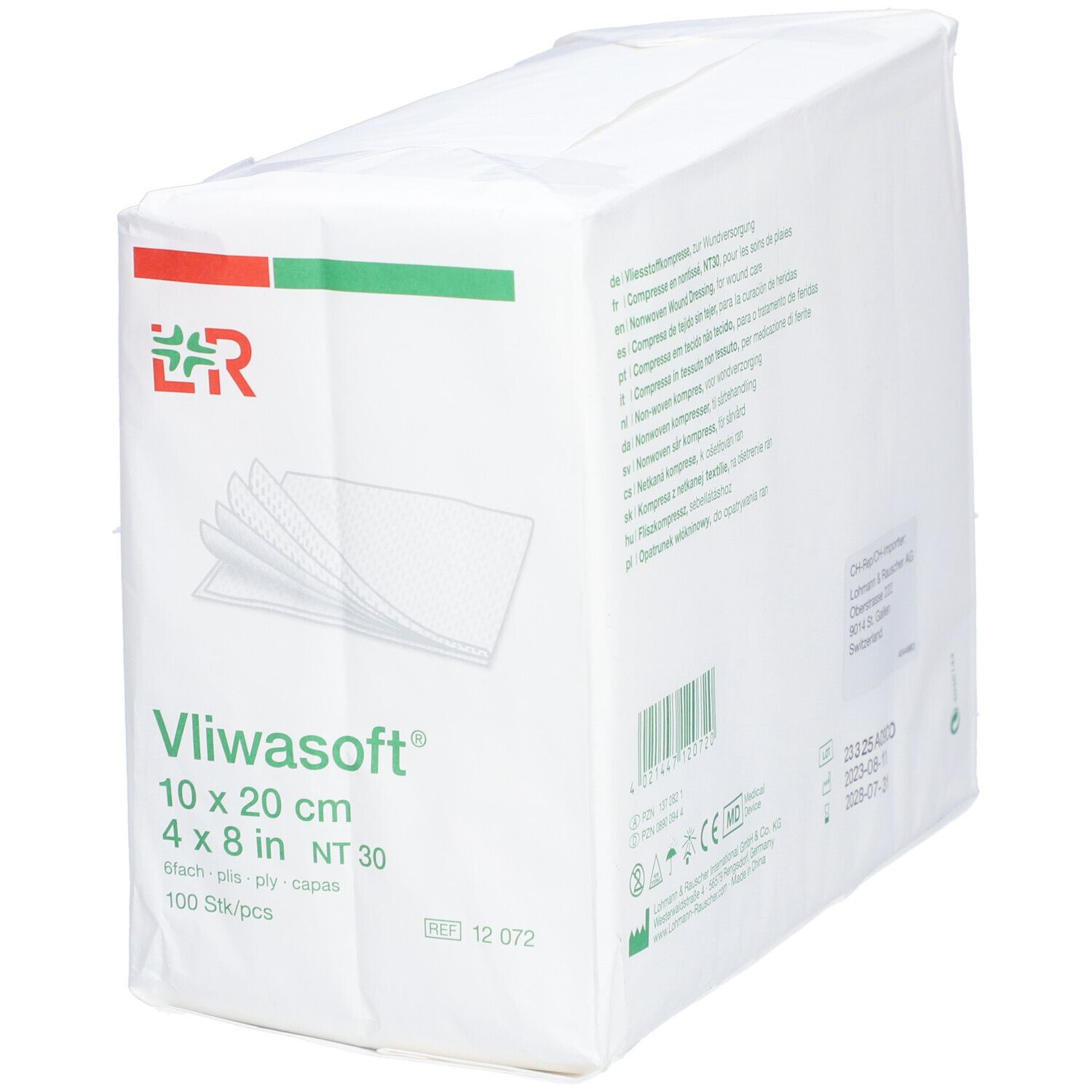 Verpackung von Vliwasoft Wundauflagen. Größe 10x20 cm. 100 Stück pro Packung. Grün-rotes Logo. Aufdrucke in Deutsch, Englisch, Französisch und Spanisch.