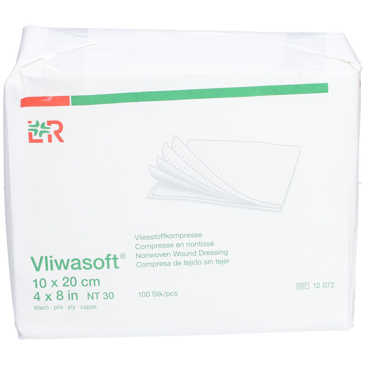 Verpackung von Vliwasoft Wundauflagen. Größe 10x20 cm. 100 Stück pro Packung. Grün-rotes Logo. Aufdrucke in Deutsch, Englisch, Französisch und Spanisch.