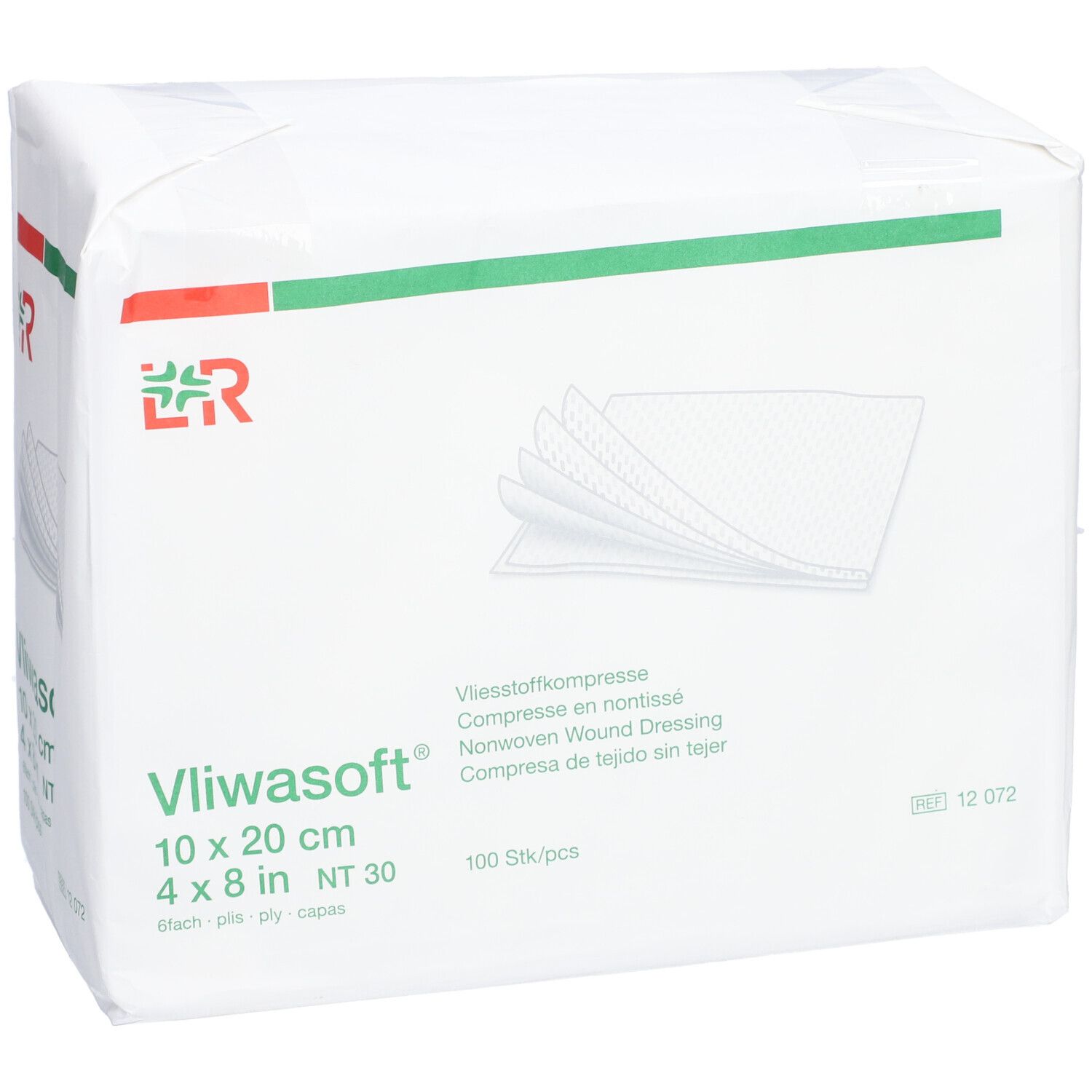 Verpackung von Vliwasoft Wundauflagen. Größe 10x20 cm. 100 Stück pro Packung. Grün-rotes Logo. Aufdrucke in Deutsch, Englisch, Französisch und Spanisch.