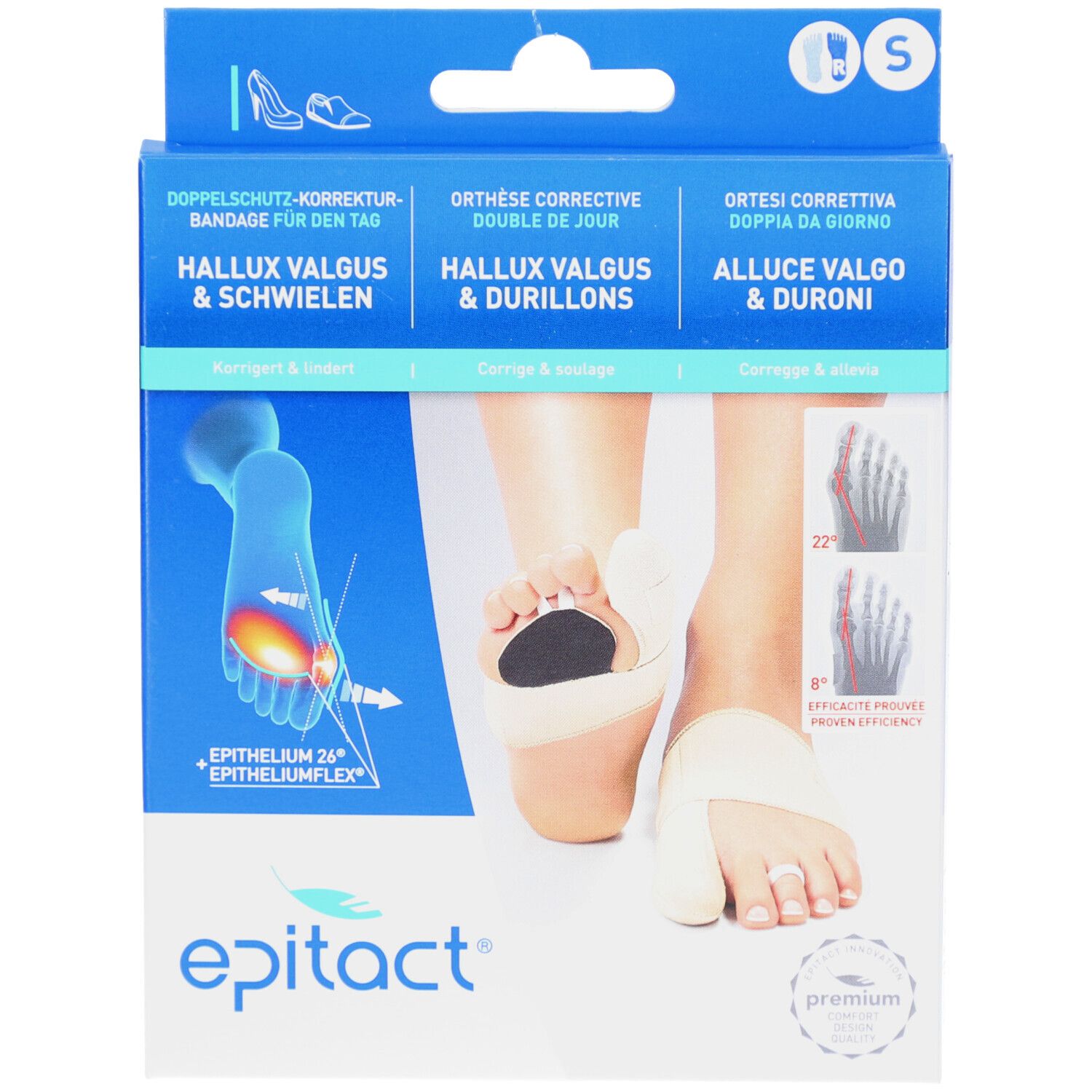 Verpackung mit Produktabbildung. Text: Hallux Valgus & Schwielen, Epitact. Illustrationen zur Anwendung.