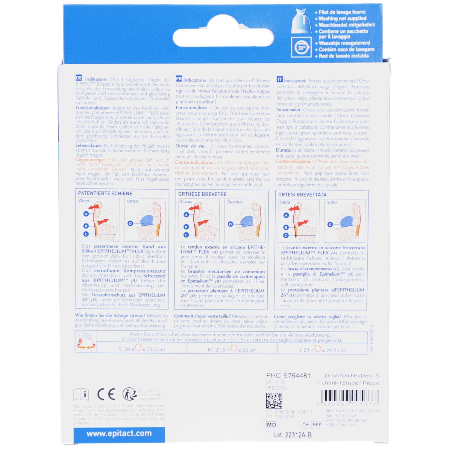 Rückseite der Verpackung. Text: Epitact, patentierte Schiene, Indikationen, Gebrauchsanweisung. CE-Zeichen.