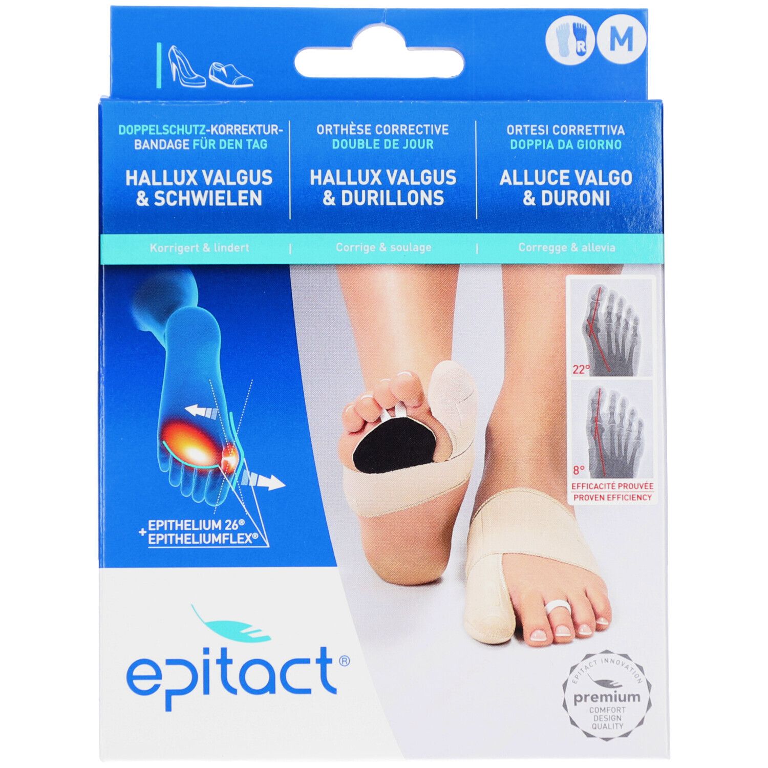 Verpackung mit Epitact-Bandage für Hallux Valgus. Produktabbildung und Fuß mit Bandage. Größe M, 21,5-23cm.