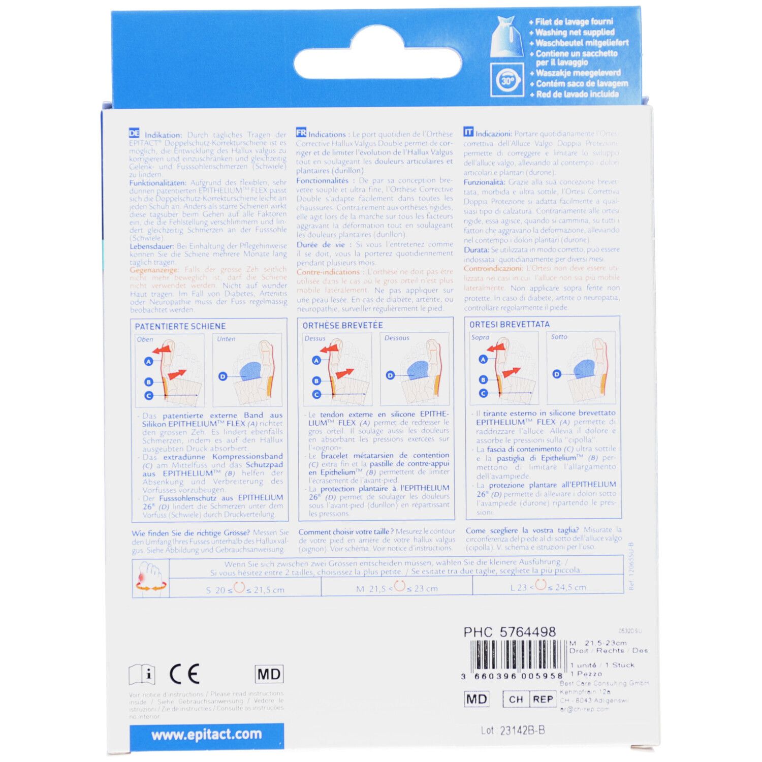 Rückseite der Epitact-Verpackung. Text in Deutsch, Französisch und Italienisch. Größenangaben und Zertifizierungen.