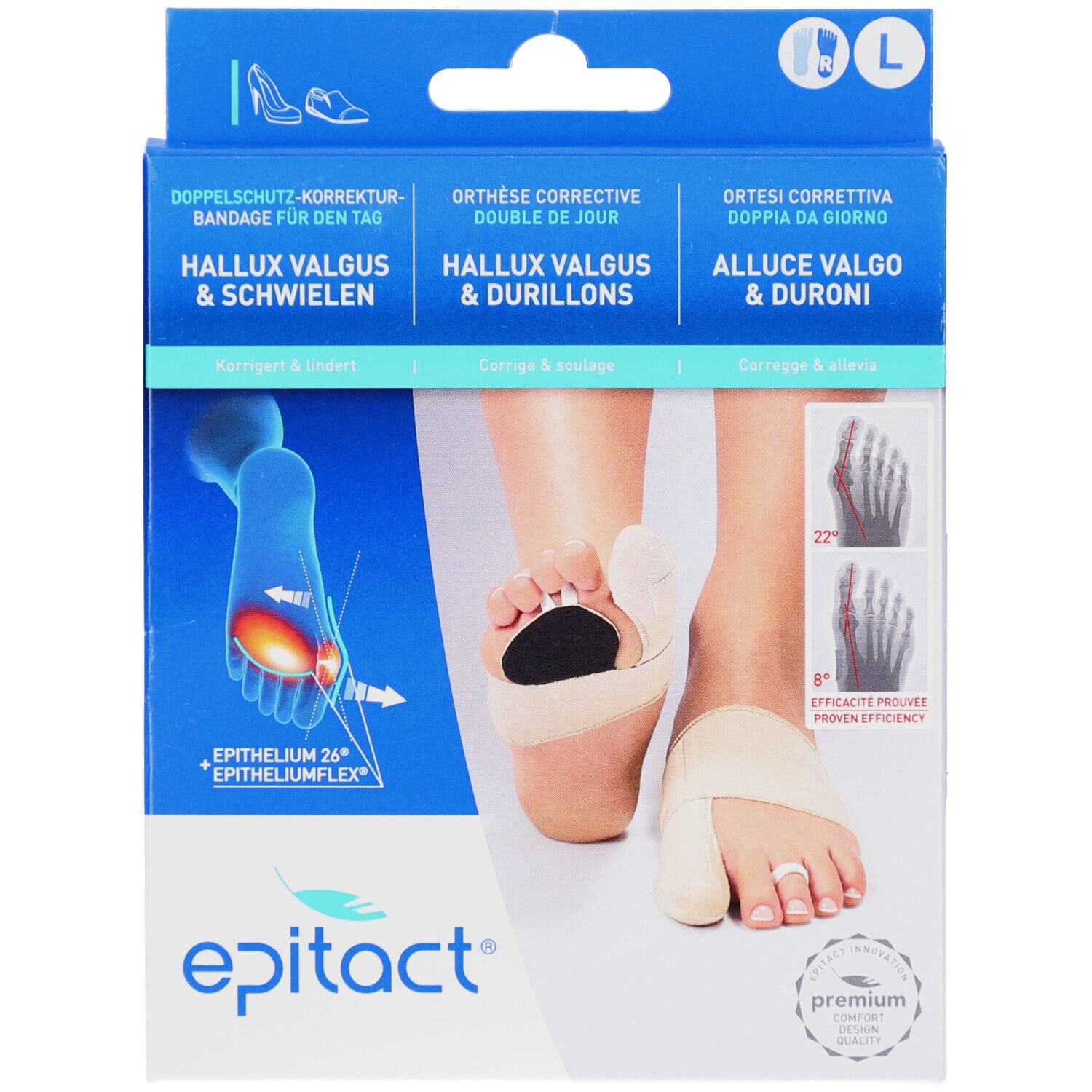 Verpackung mit Produktabbildung. Zeigt Fuß mit Bandage. Text: Hallux Valgus & Schwielen, Epitact.