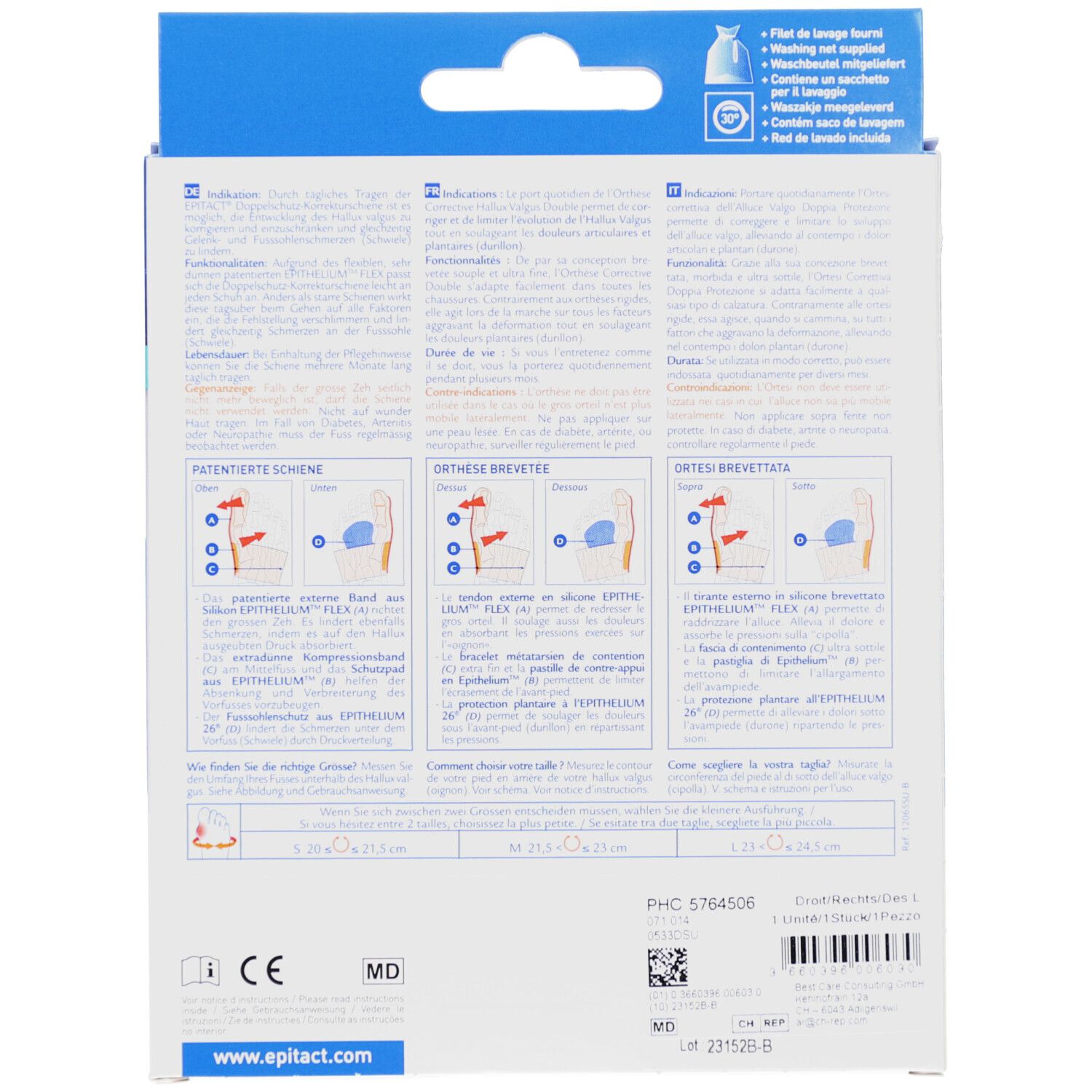 Rückseite der Verpackung. Text: Epitact, Informationen zur Anwendung und Pflege, Illustrationen.