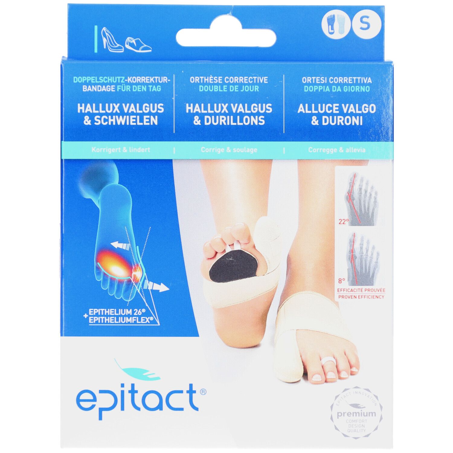 Verpackung mit Produktabbildung. Text: Hallux Valgus & Schwielen, Epitact. Größe S. Illustration eines Fußes mit Bandage.