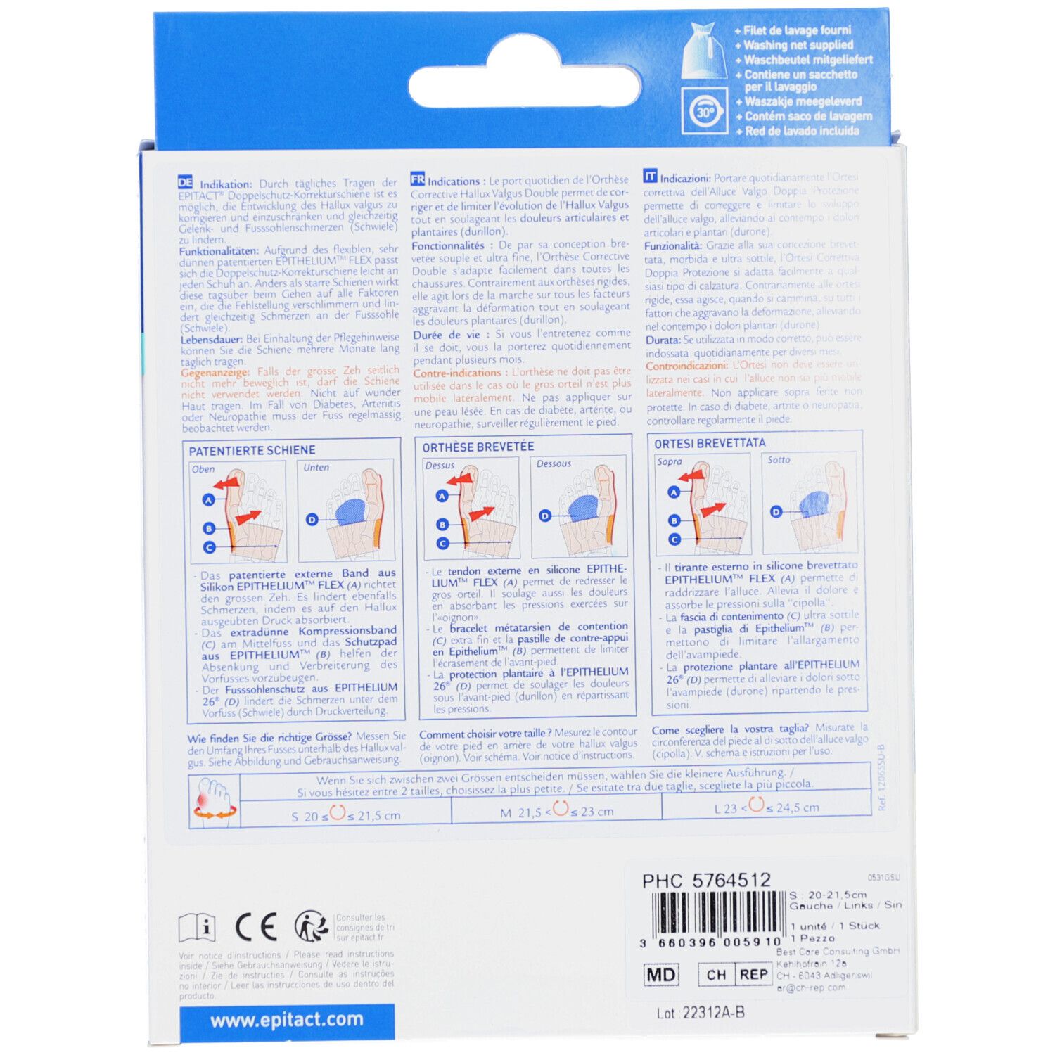 Rückseite der Produktverpackung. Text: Epitact, PHC 5764512, 20-21.5cm. Informationen in Deutsch, Französisch und Italienisch.