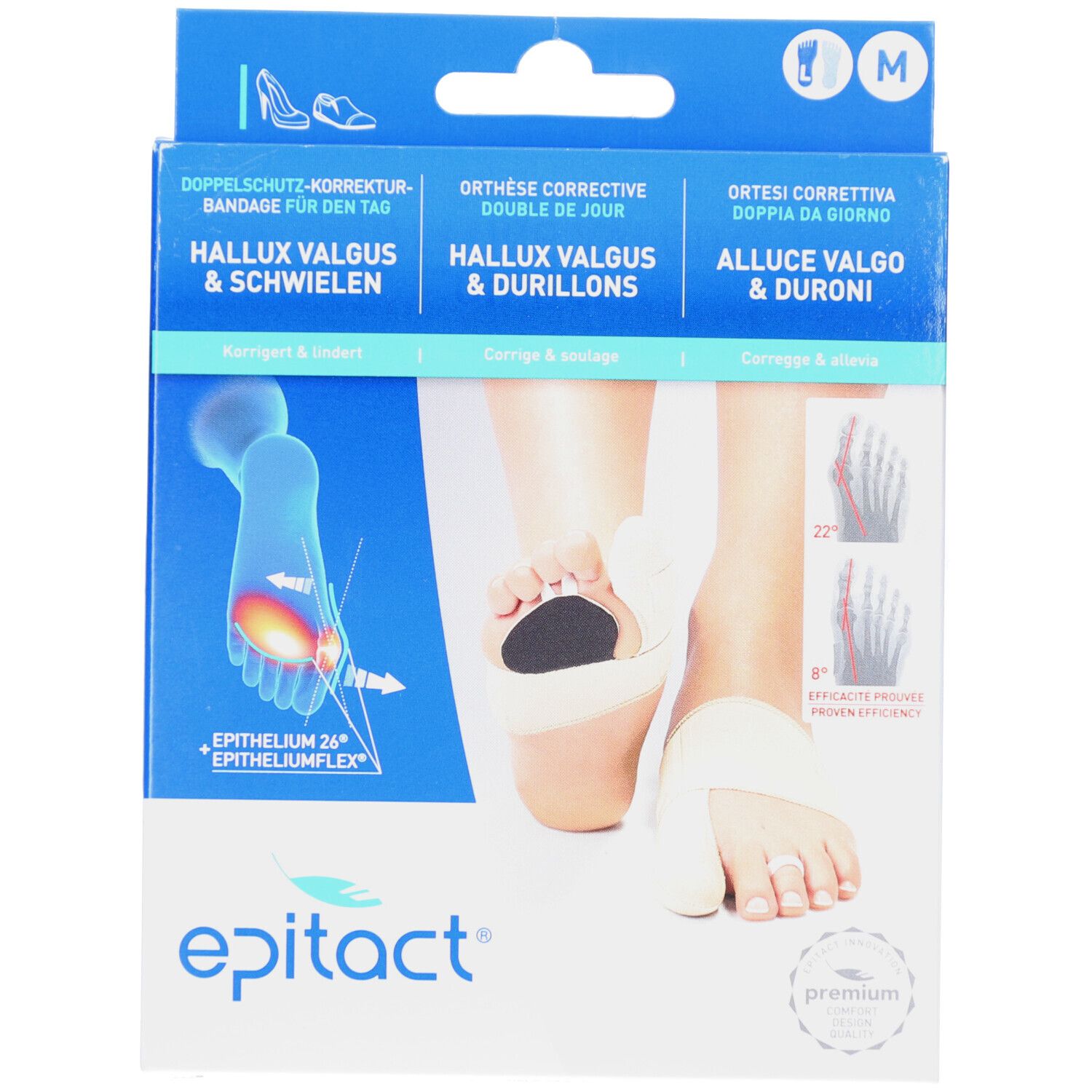 Verpackung mit Produktabbildung. Text: Epitact, Hallux Valgus & Schwielen, M. Bandage für den Tag. Premium-Qualität.