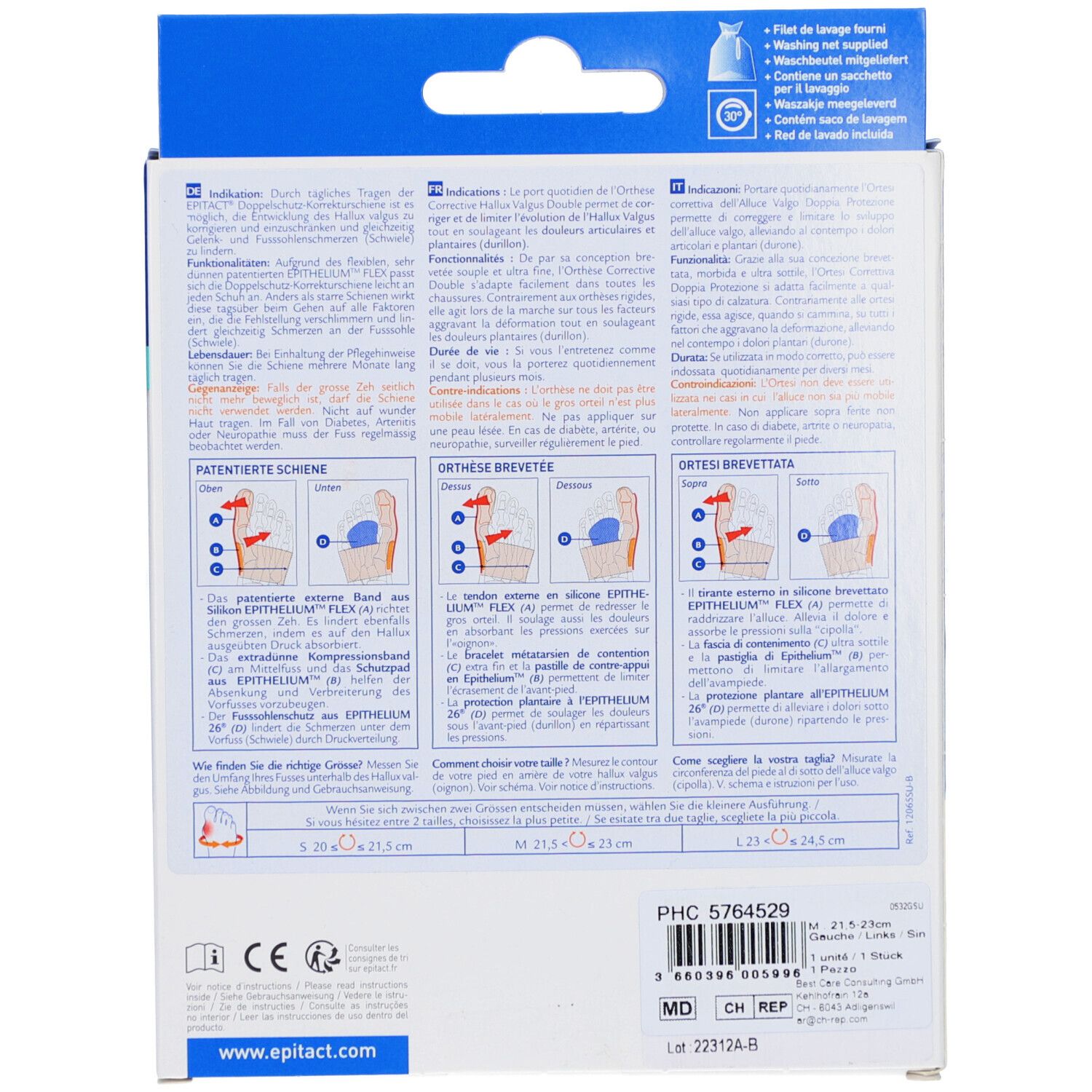 Rückseite der Verpackung. Text: Epitact, Indikationen, patentierte Schiene, M, 21.5-23cm. Informationen in Deutsch, Französisch und Italienisch.