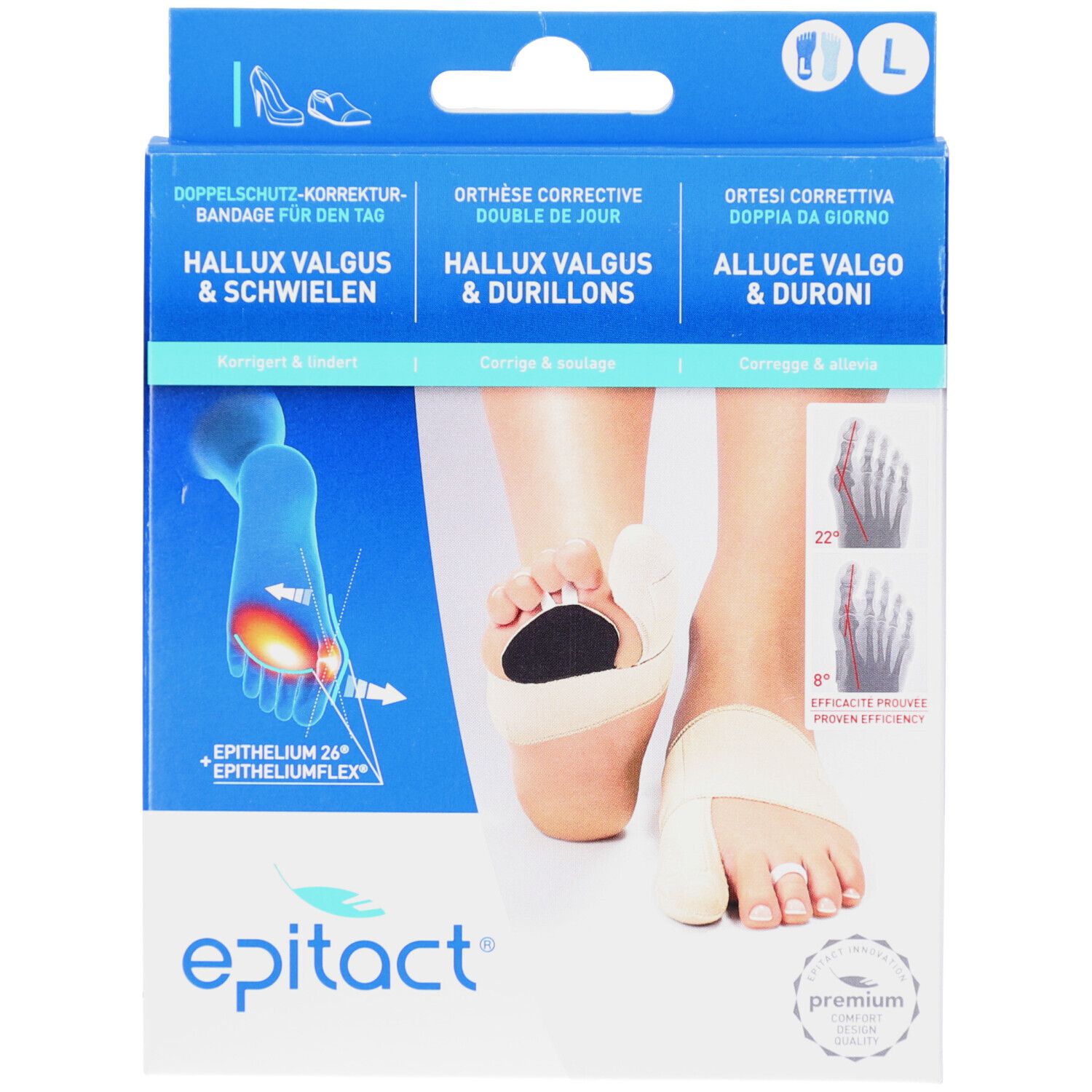 Verpackung mit Bandage für Hallux Valgus. Enthält Bandage, Illustrationen und Produktnamen. Größe L.
