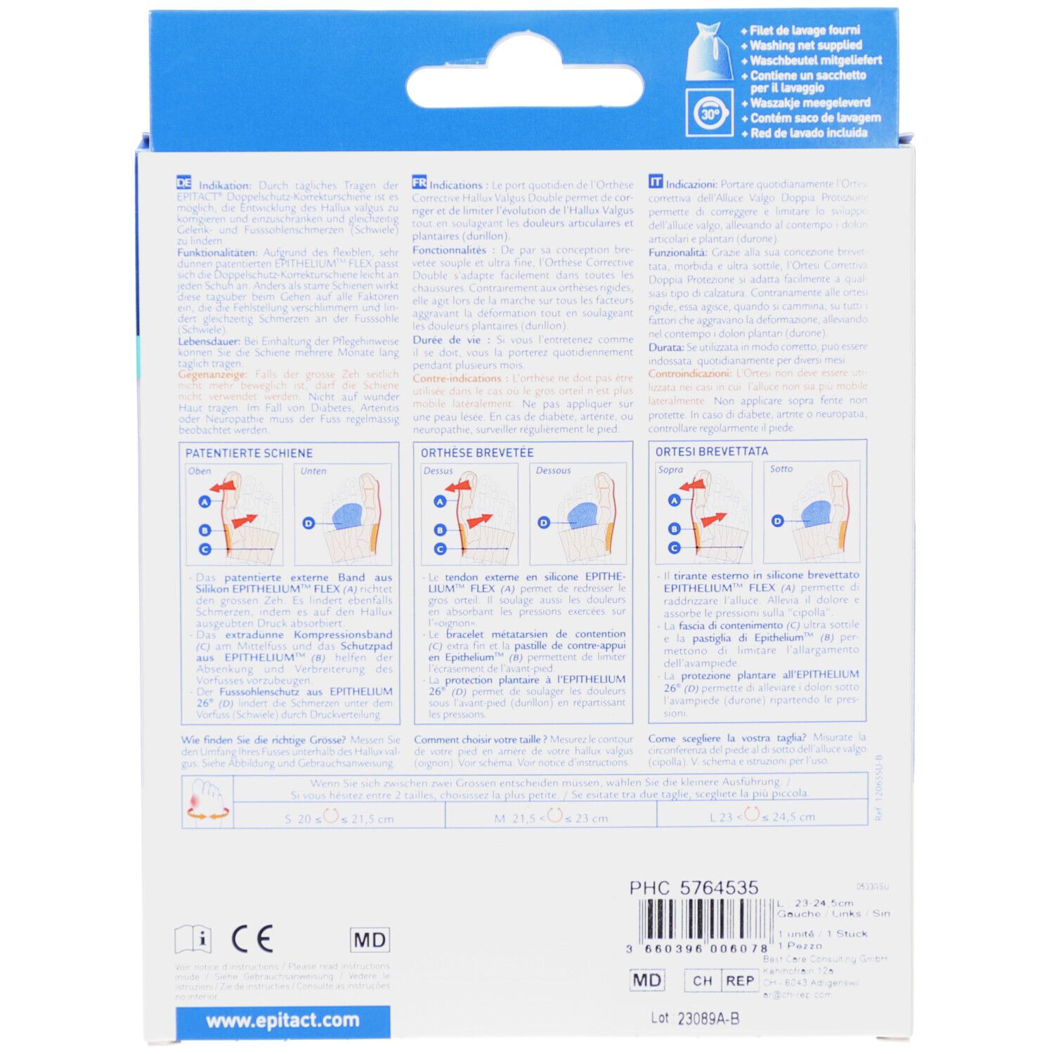 Rückseite der Verpackung mit Produktinformationen, Illustrationen und Größenangaben. Enthält Text in mehreren Sprachen.