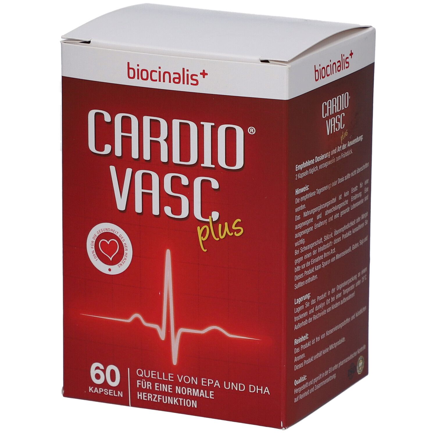 Rote Schachtel mit "biocinalis+" und "CARDIO VASC plus". 60 Kapseln. Herz-Symbol und EKG-Linie.