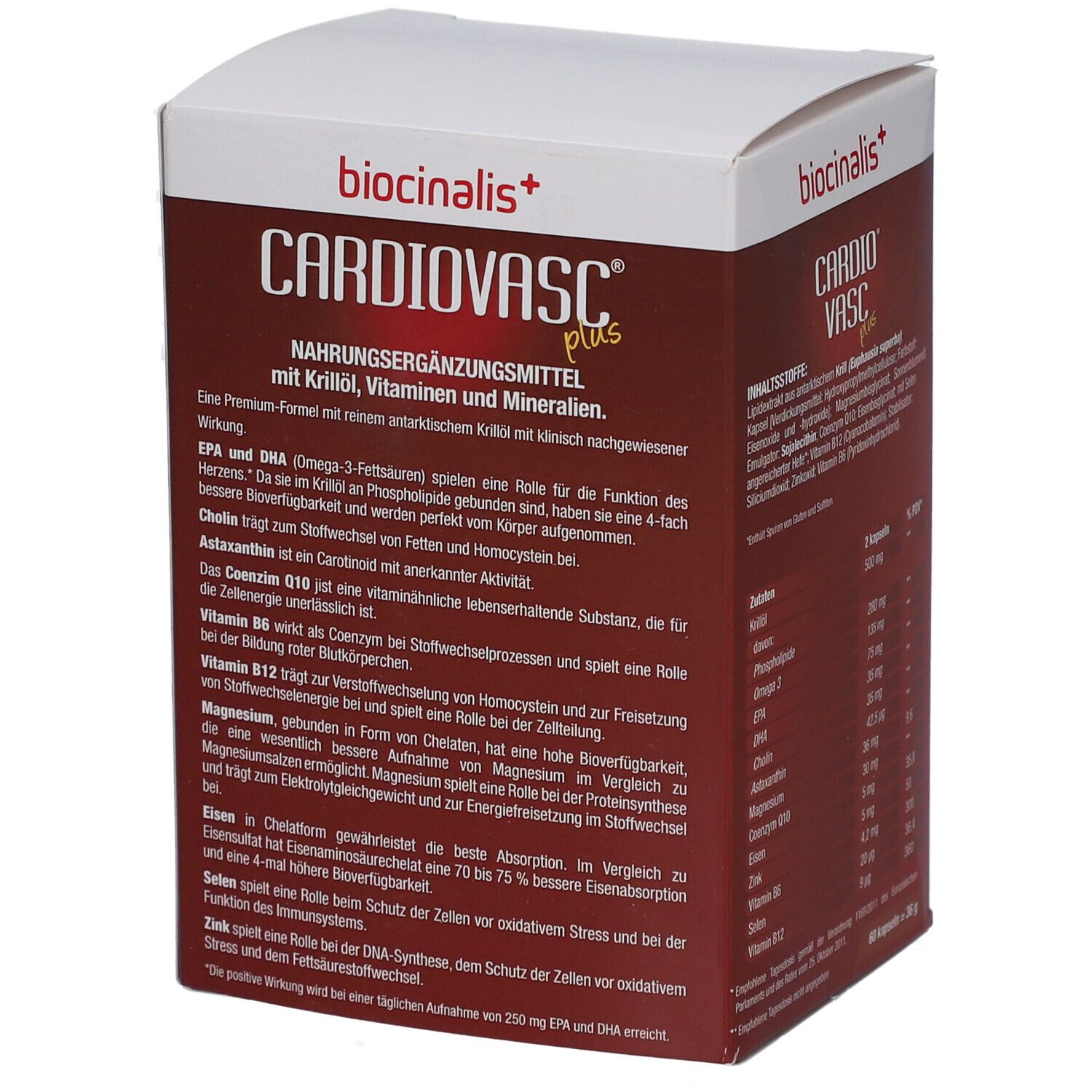 Schachtel mit "biocinalis+" und "CARDIO VASC plus". Beschreibung von Inhaltsstoffen und deren Wirkung. 60 Kapseln.