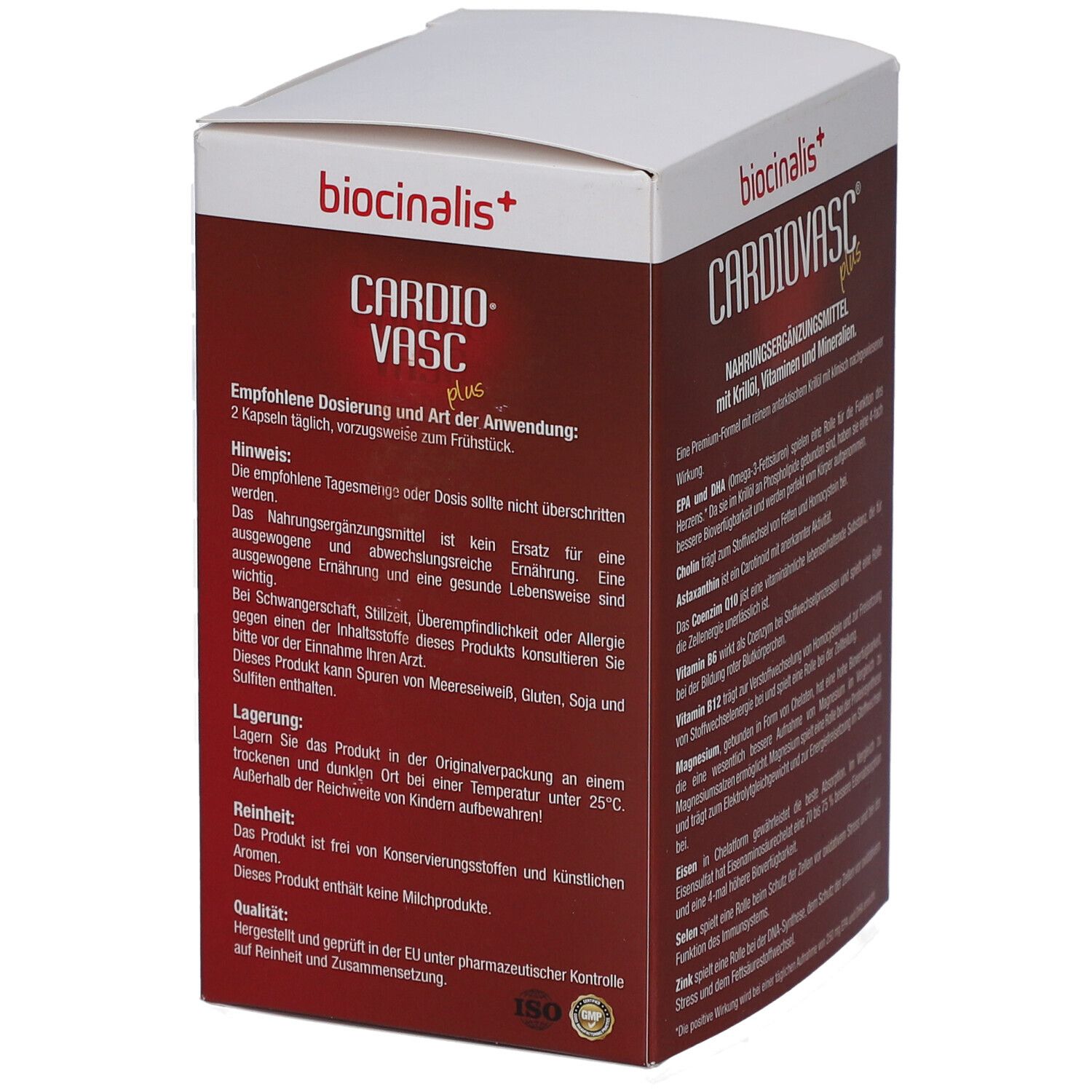 Schachtel mit "biocinalis+" und "CARDIO VASC plus". Hinweise zur Anwendung und Lagerung. 60 Kapseln.