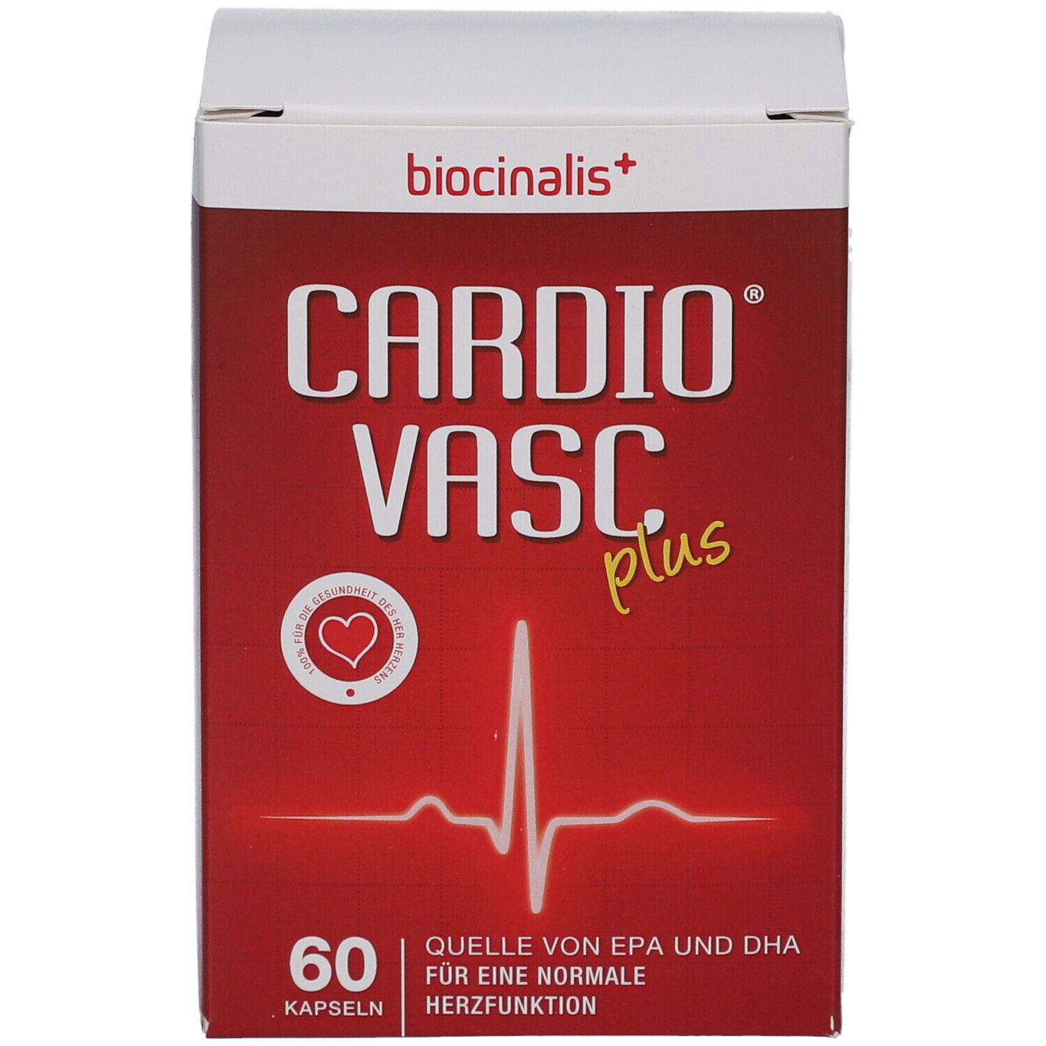 Rote Schachtel mit "biocinalis+" und "CARDIO VASC plus". 60 Kapseln. Herz-Symbol und EKG-Linie.