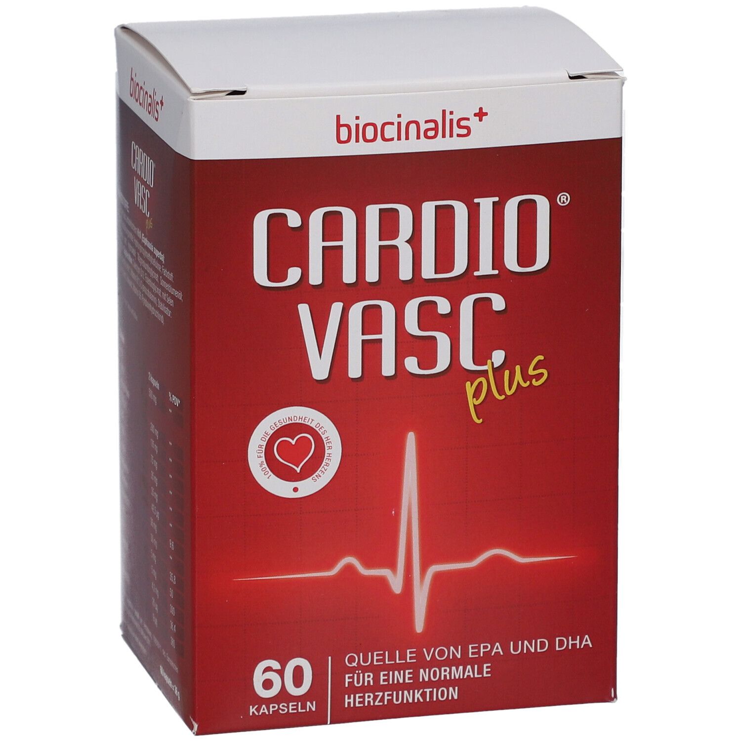 Rote Schachtel mit "biocinalis+" und "CARDIO VASC plus". 60 Kapseln. Herz-Symbol und EKG-Linie.