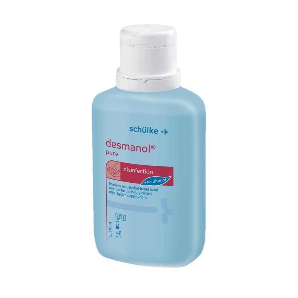 Hellblaue Flasche mit weißem Deckel. Beschriftung: desmanol® pure, disinfection. Enthält Panthenol. Produkt von schülke.