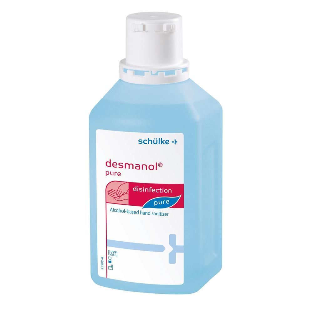 Flasche mit Desinfektionsmittel, Marke desmanol pure, von Schülke.