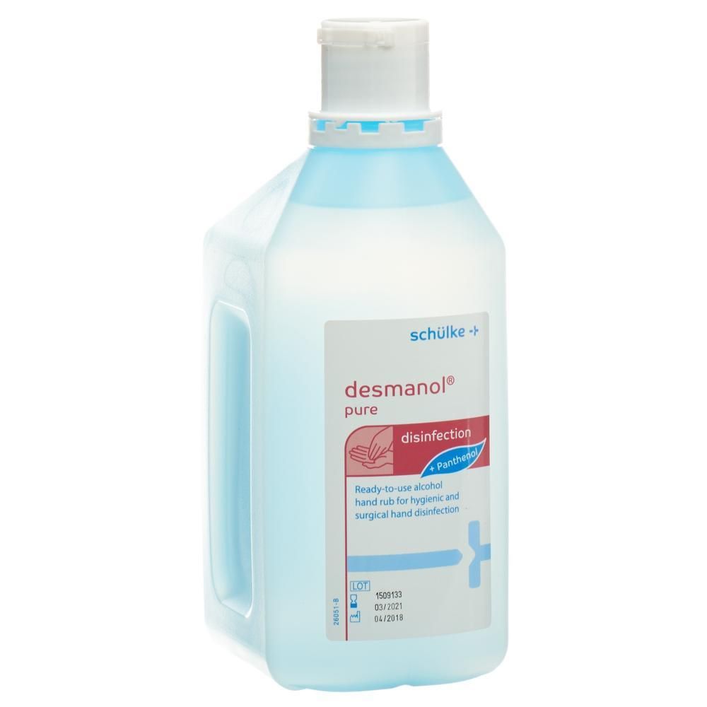 Schülke Desmanol Pure Desinfektionsflasche mit Griff und Klappdeckel. Blaue Flüssigkeit.