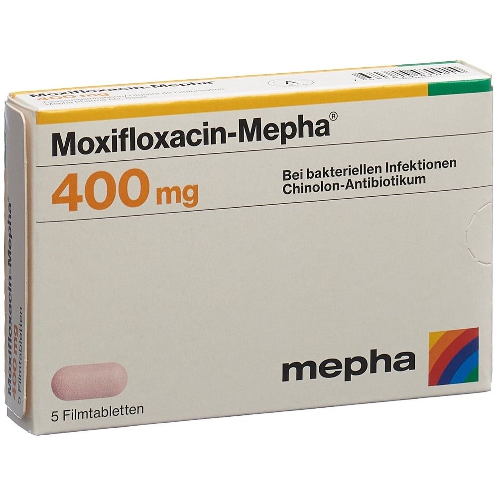 Verpackung von MOXIFLOXACIN Mepha Filmtabl 400 mg. Aufschrift: 400 mg, Mepha, Filmtabl. Rechteckige Schachtel mit weißem, gelbem und grünem Design.