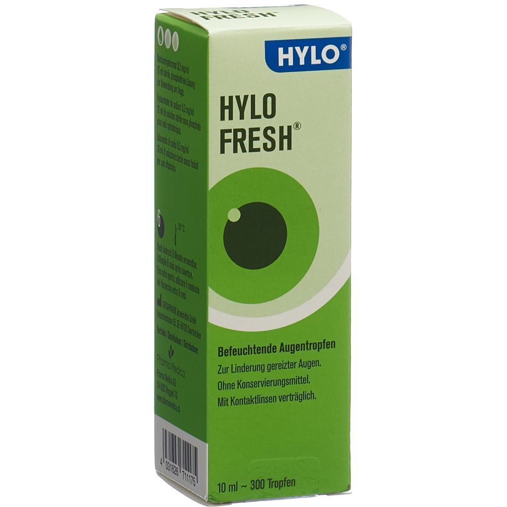 Grüne Faltschachtel mit Produktlogo und Augenabbildung. Text: Befeuchtende Augentropfen. 10 ml - 300 Tropfen.