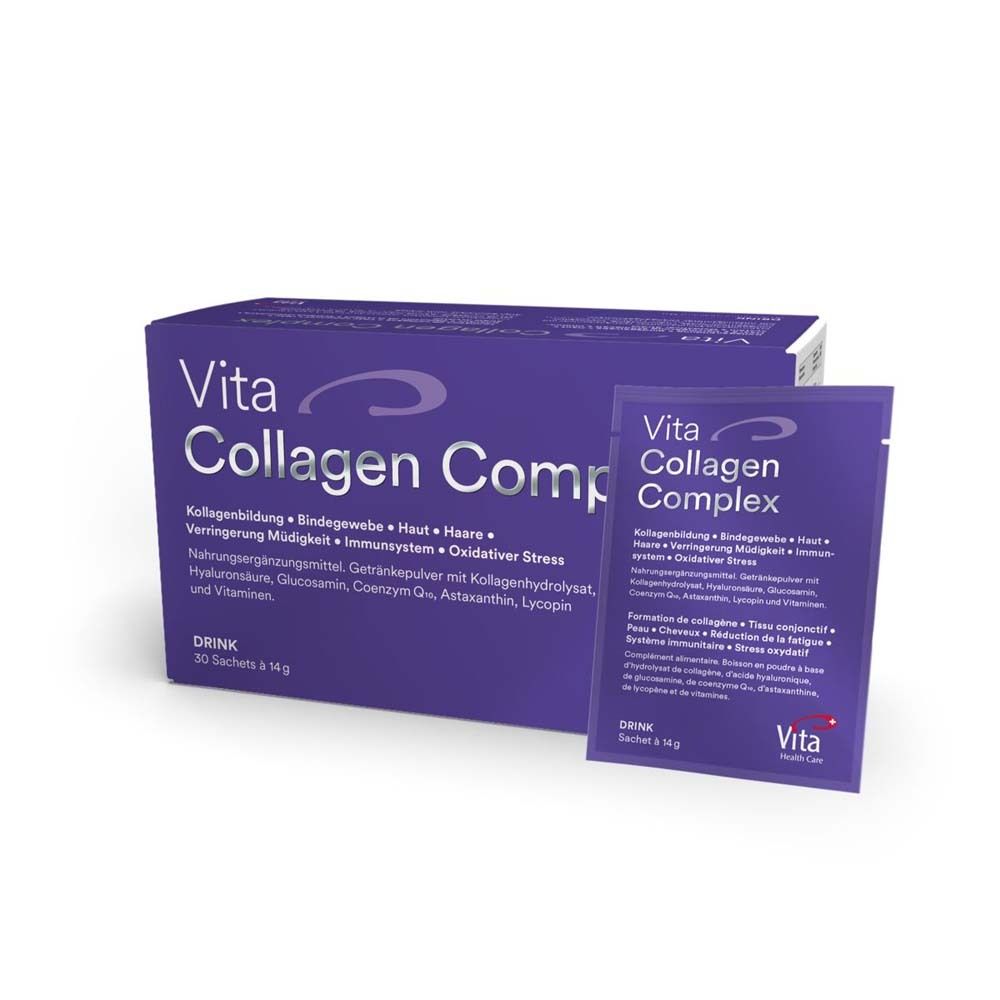 Violette Schachtel und Sachet mit "Vita Collagen Complex"-Logo. 30 Sachets. Sachet-Text: Kollagenbildung, Bindegewebe, Haut, Haare.