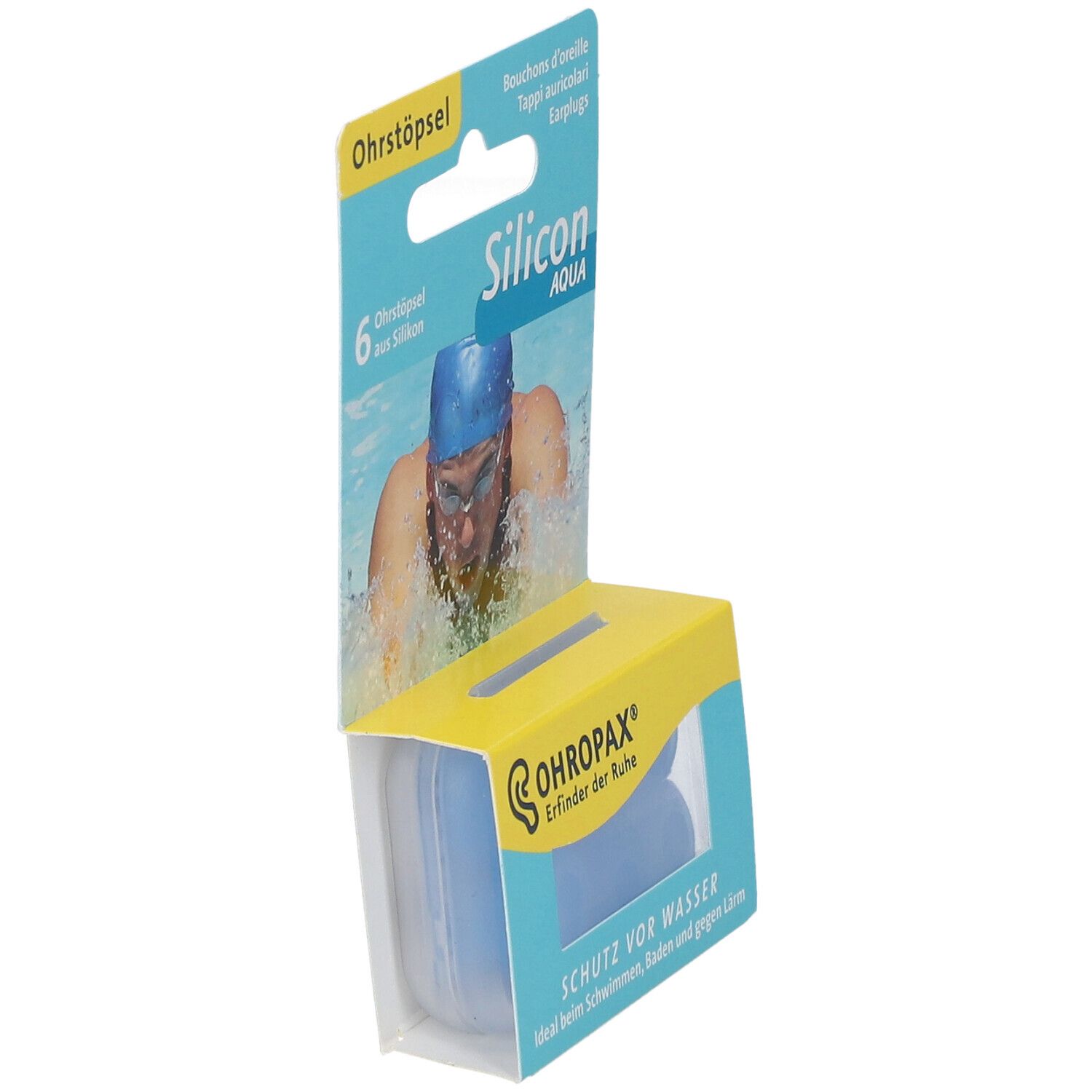 Verpackung mit Ohrstöpseln. Sechs blaue Ohrstöpsel aus Silikon. Marke OHROPAX, Schriftzug 'Silicon Aqua'.