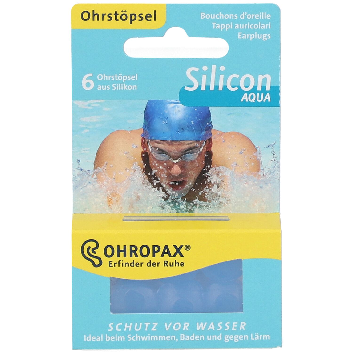 Verpackung mit Ohrstöpseln. Sechs blaue Ohrstöpsel aus Silikon. Marke OHROPAX, Schriftzug 'Silicon Aqua'.