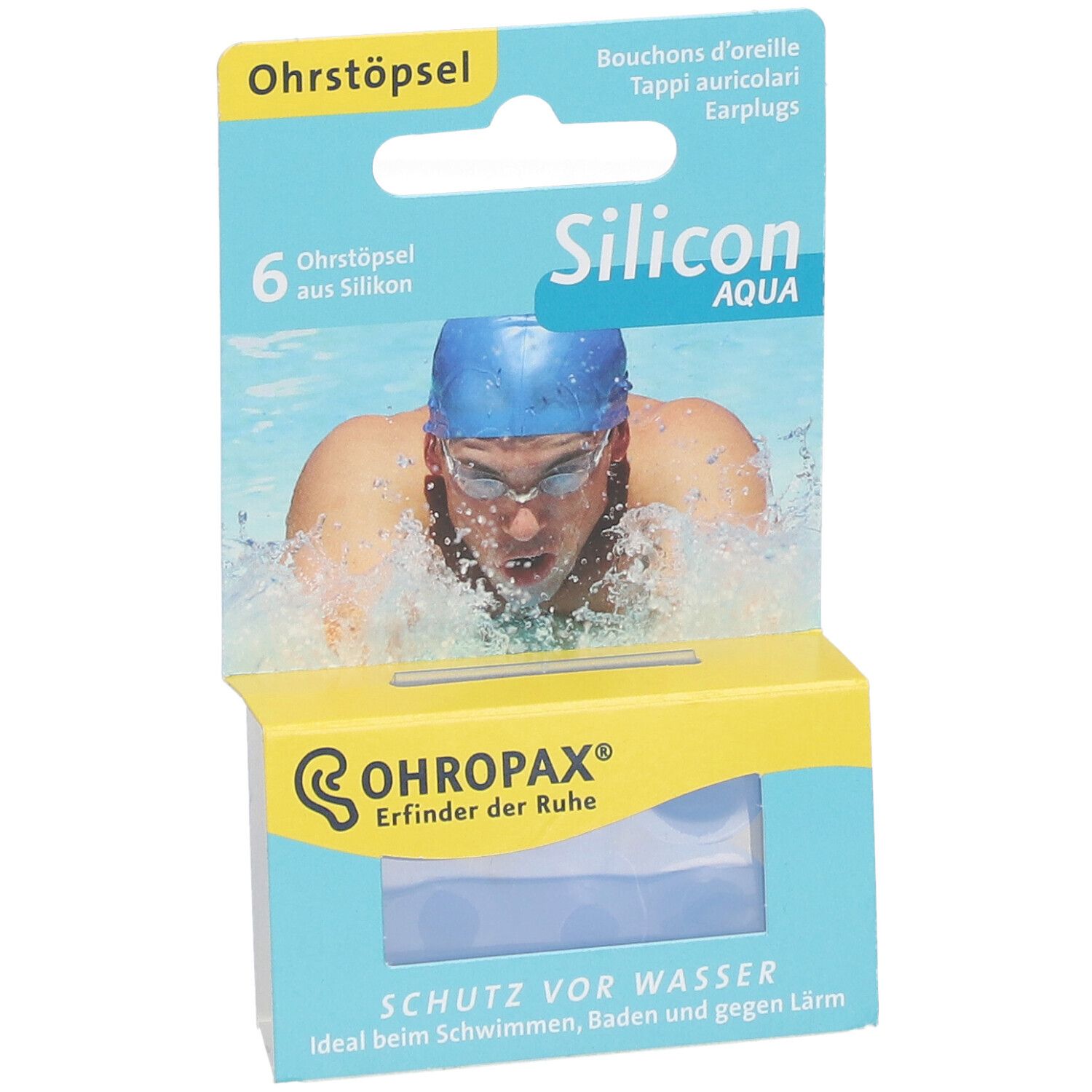 Verpackung mit Ohrstöpseln. Sechs blaue Ohrstöpsel aus Silikon. Marke OHROPAX, Schriftzug 'Silicon Aqua'.