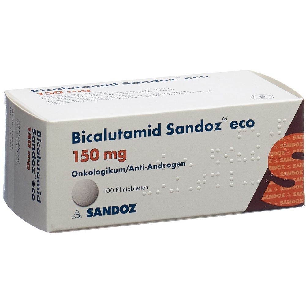 Karton BICALUTAMID Sandoz eco Filmtabl 150 mg. Weiß, grau und orangefarbene Beschriftung. Sandoz-Logo.