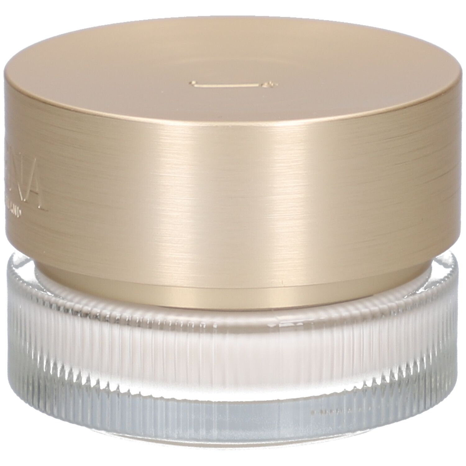 Creme-Glas mit goldfarbenem Deckel. Aufschrift: JUVENA OF SWITZERLAND. Geriffeltes Glas.