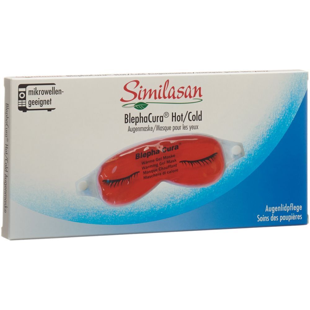 Verpackung von Similasan BlephaCura Hot/Cold Augenmaske. Rote Augenmaske im Inneren. Text: mikrowellengeeignet.