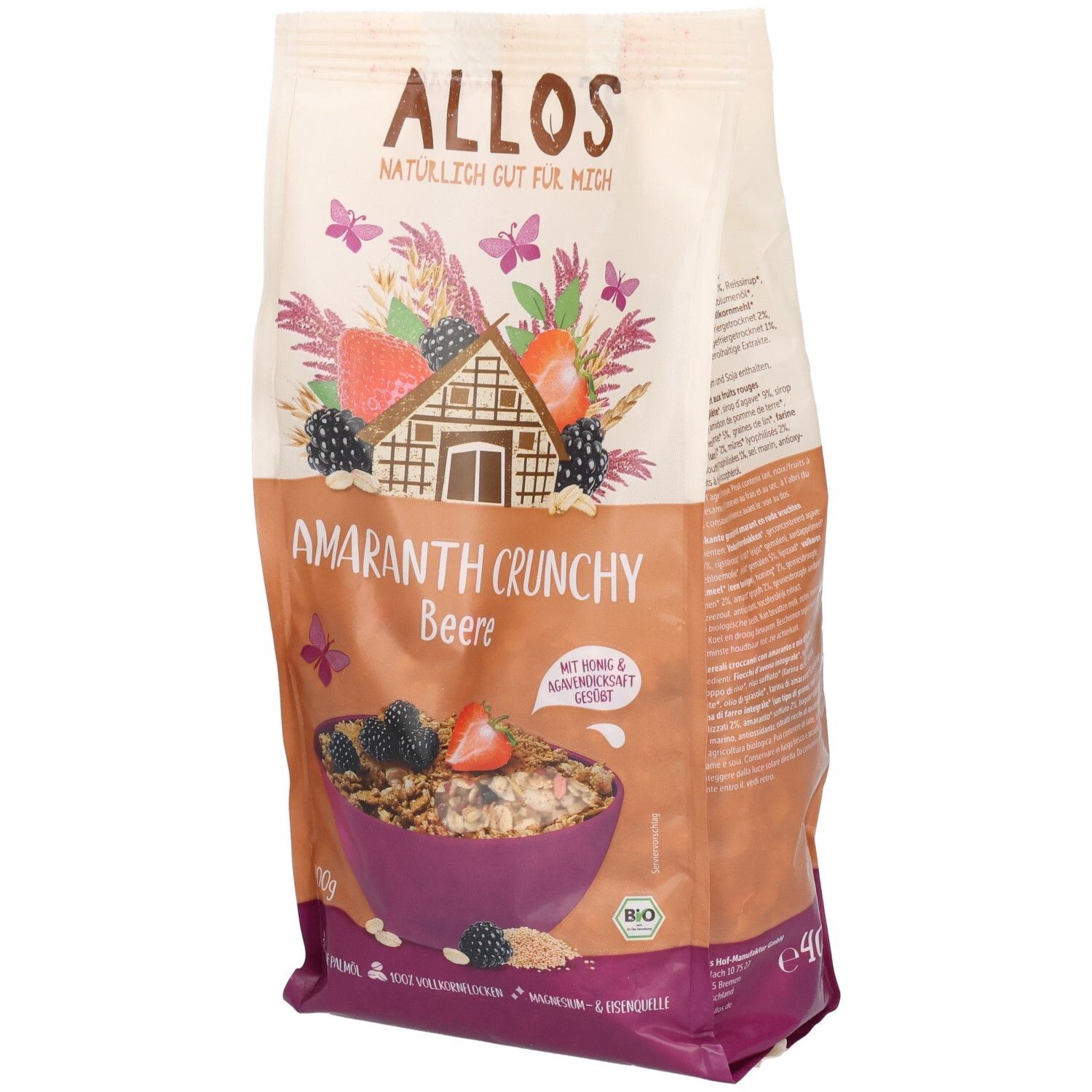 Beutel mit Allos Amaranth Crunchy Beerenfrucht. Aufdrucke: Logo, Produktname, Illustrationen von Beeren und einer Schüssel Müsli.