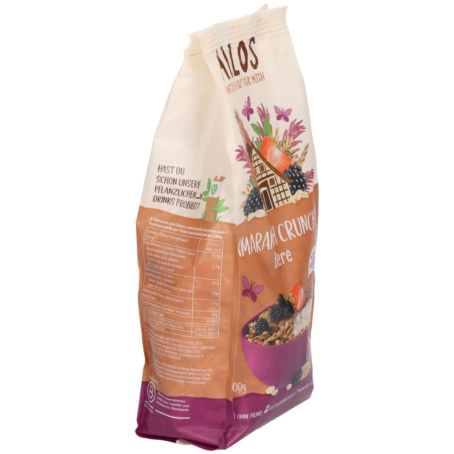 Seitenansicht des Beutels mit Allos Amaranth Crunchy Beerenfrucht. Aufdrucke: Logo, Produktname, Nährwertangaben, Illustrationen.