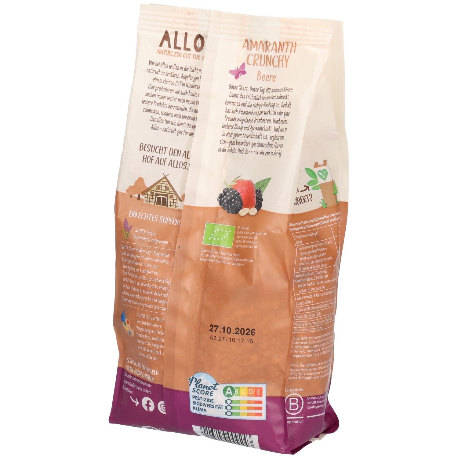 Rückseite des Beutels mit Allos Amaranth Crunchy Beerenfrucht. Aufdrucke: Logo, Produktname, Text, Bio-Siegel, Mindesthaltbarkeitsdatum.