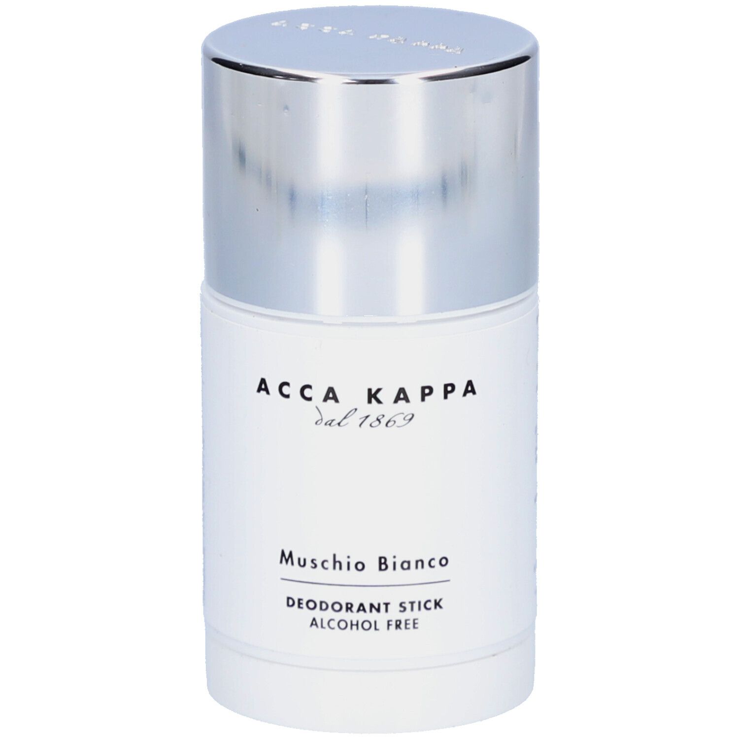 Déodorant stick blanc avec bouchon argenté. Inscription: Acca Kappa, Muschio Bianco, Deodorant Stick, Alcohol Free.