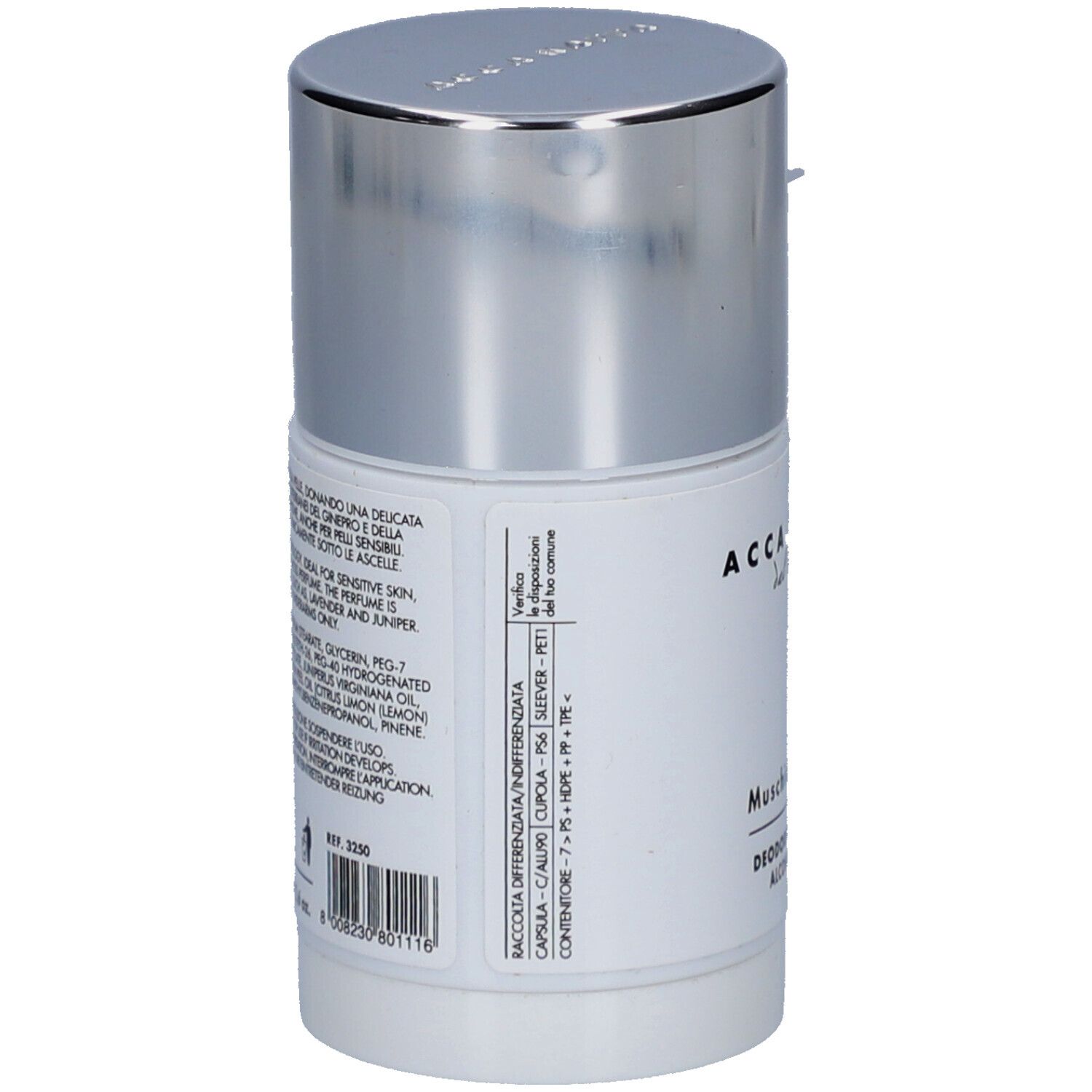 Dos du déodorant stick blanc. Texte: Acca Kappa, ingrédients, pour peaux sensibles, mode d'emploi, informations de recyclage.