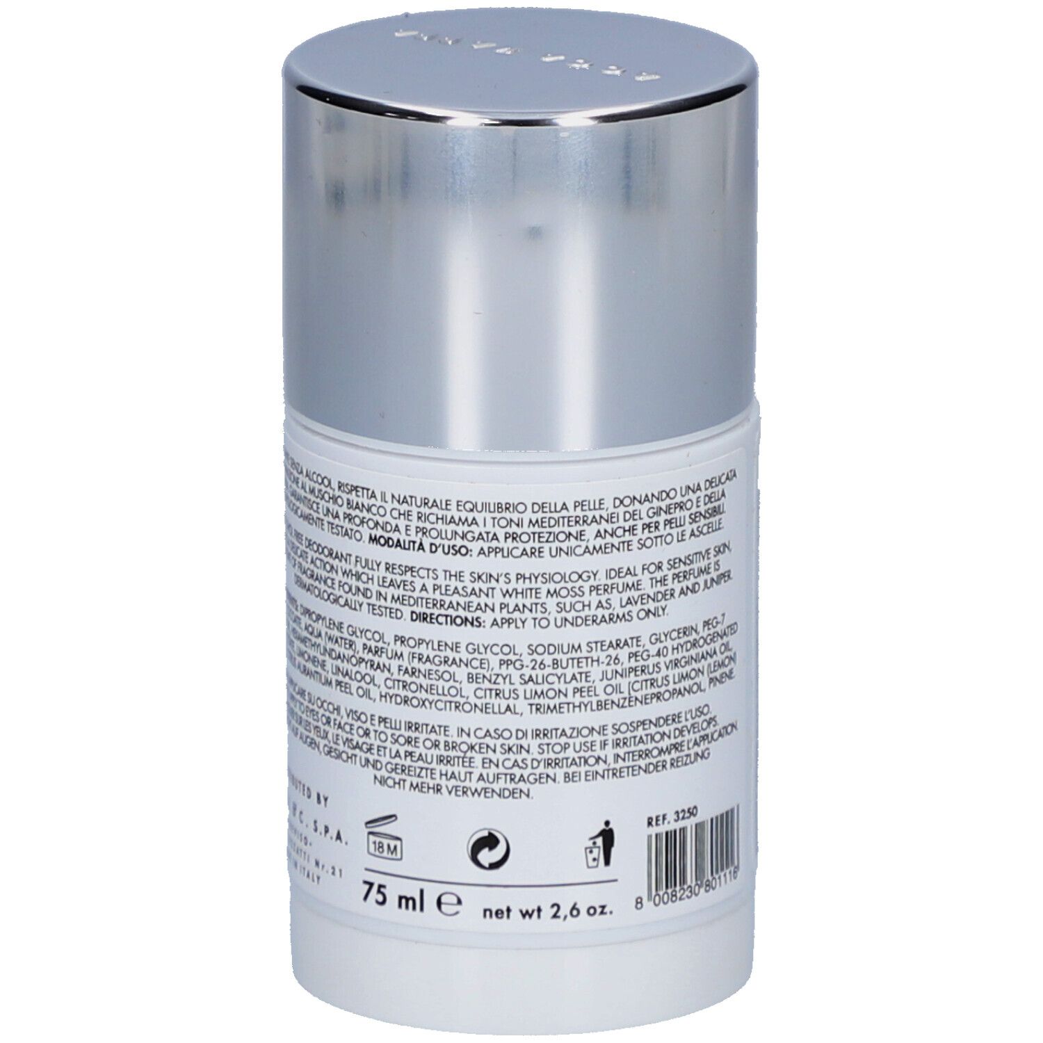 Dos du déodorant stick blanc. Texte: Acca Kappa, 75 ml, ingrédients, avertissements, symbole 18M.